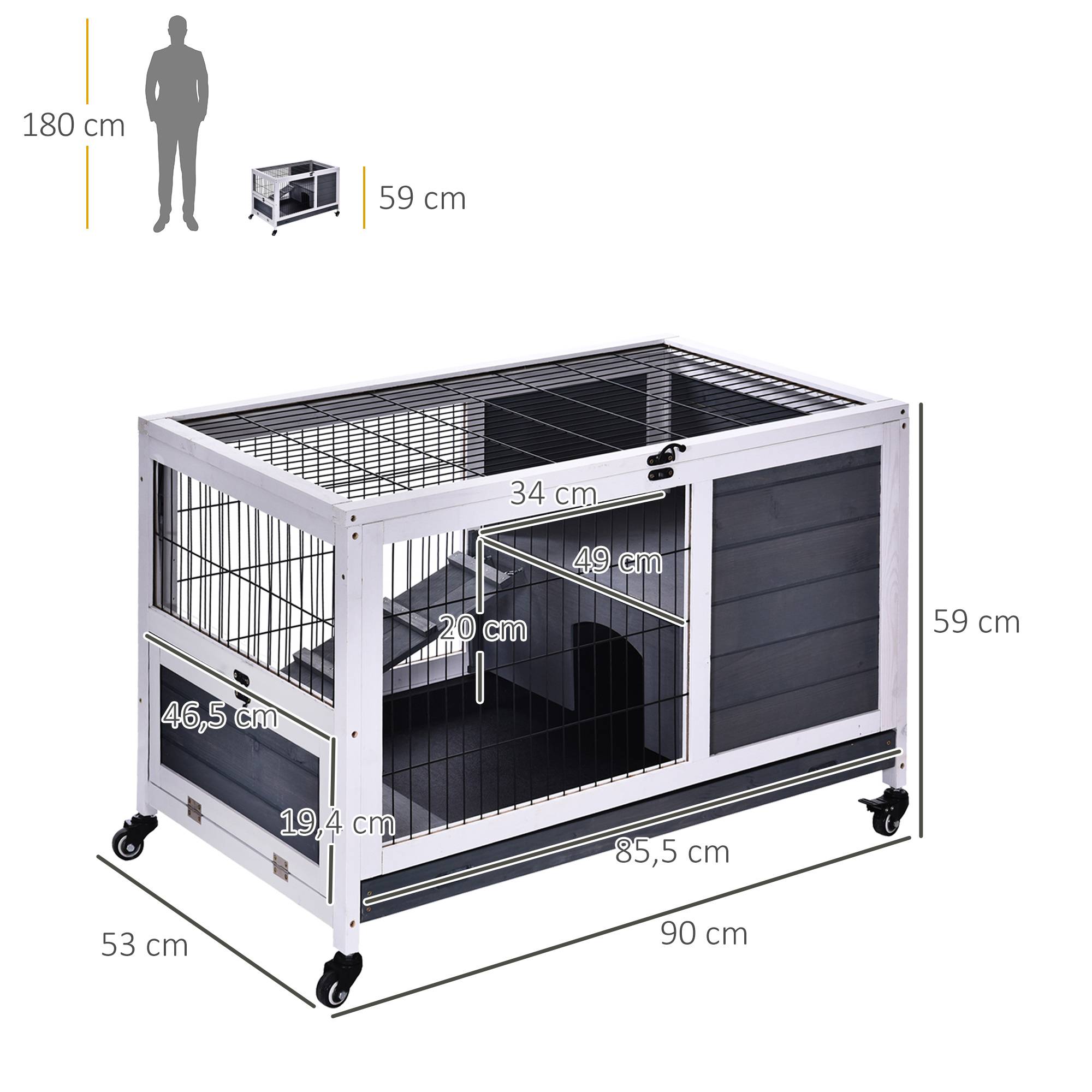 Clapier lapin intérieur, cage lapin avec toit ouvrant, roulettes, plateau amovible et rampe, cage à lapin en bois, 90 x 53 x 59 cm - Image 5