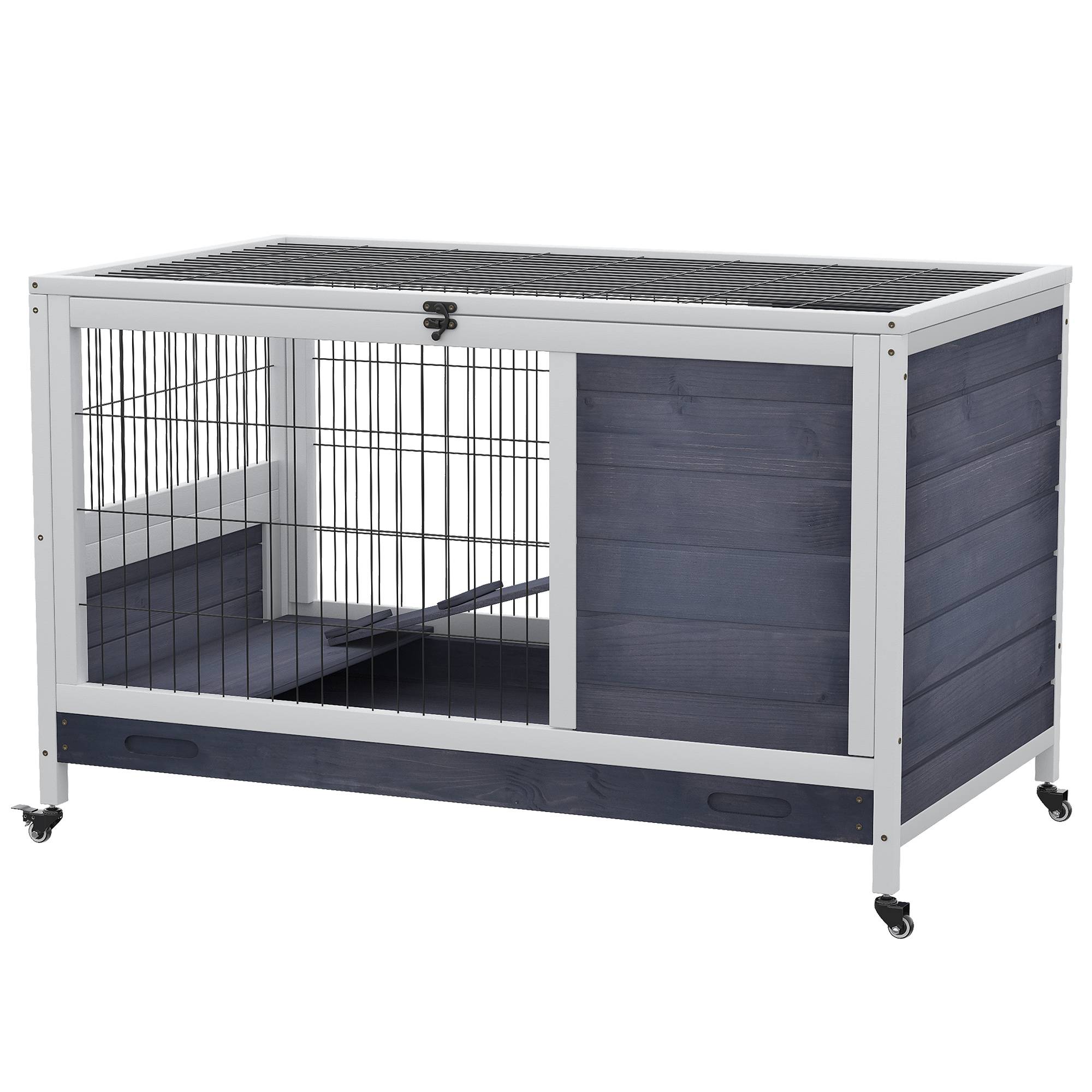 Clapier lapin intérieur, cage lapin avec toit ouvrant, roulettes, plateau amovible et rampe, cage à lapin en bois, 90 x 53 x 59 cm - Image 2