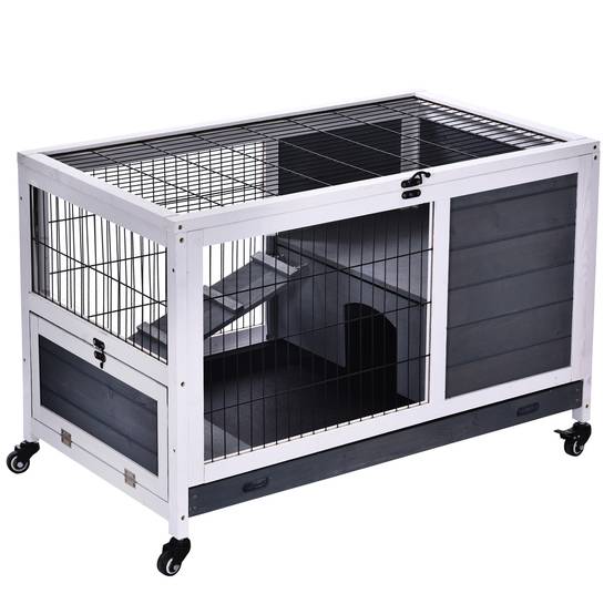 Clapier lapin intérieur, cage lapin avec toit ouvrant, roulettes, plateau amovible et rampe, cage à lapin en bois, 90 x 53 x 59 cm - Image 1