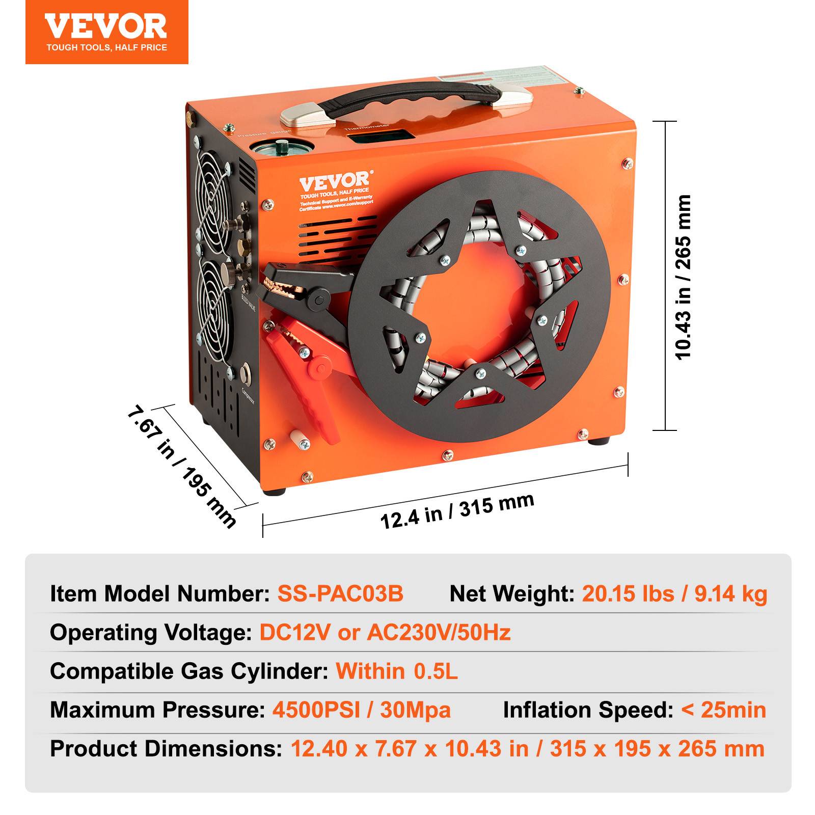 VEVOR Compresseur PCP portable 30 MPa convertisseur integre arret auto 12V 230V sans huile. - Image 7