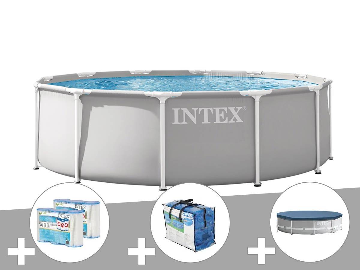 Kit piscine tubulaire Intex Prism Frame ronde 3,66 x 0,99 m + Bâche à bulles + 6 cartouches de filtration + Bâche de protection
