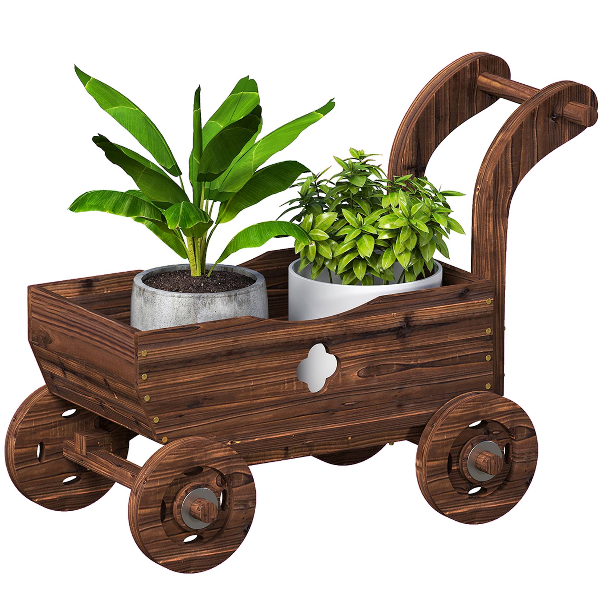 Jardinière surélevée décorative en forme de brouette en bois avec 4 roues, poignée et trous de drainage, 68 x 38 x 52 cm, carbonisée - Image 1