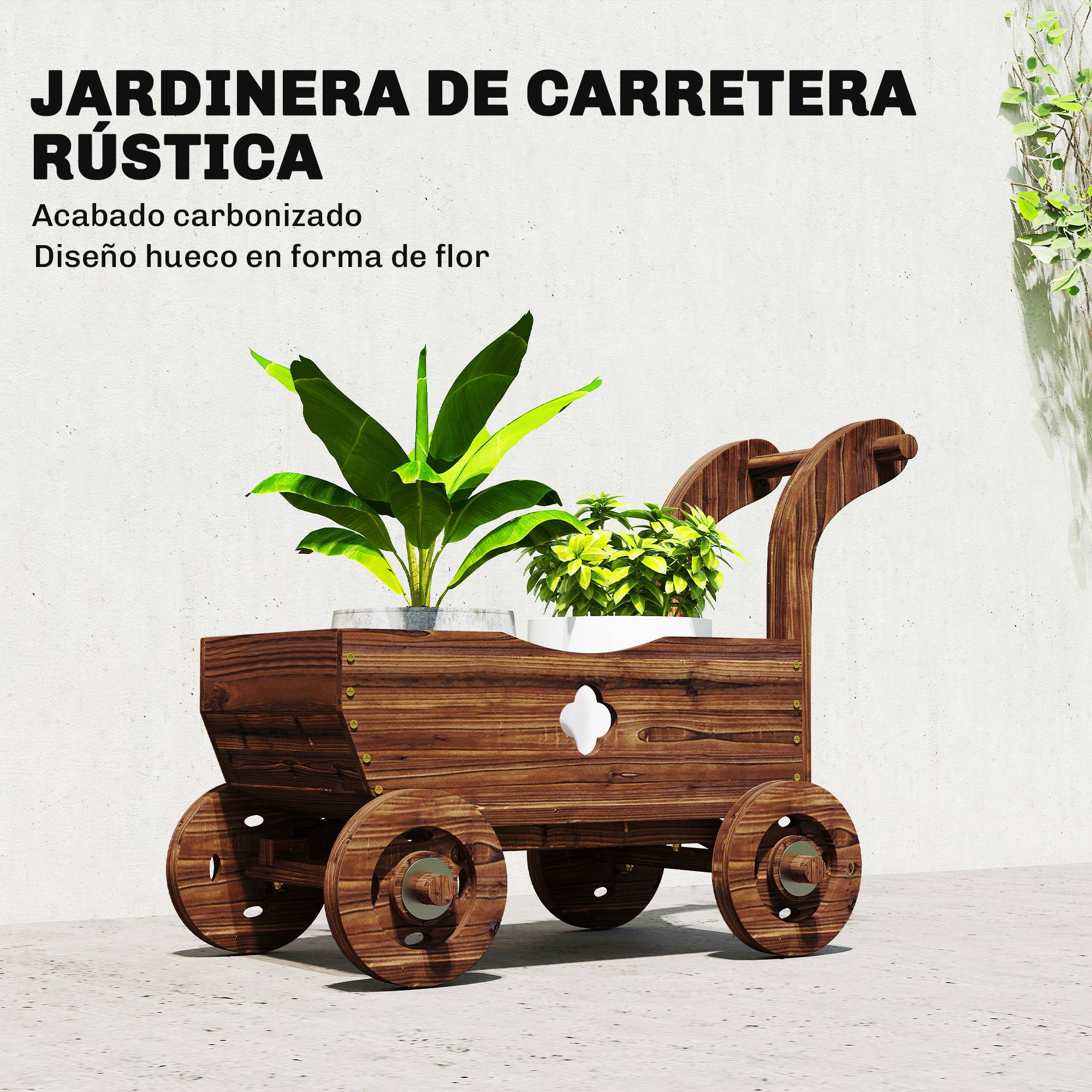 Jardinière surélevée décorative en forme de brouette en bois avec 4 roues, poignée et trous de drainage, 68 x 38 x 52 cm, carbonisée - Image 6