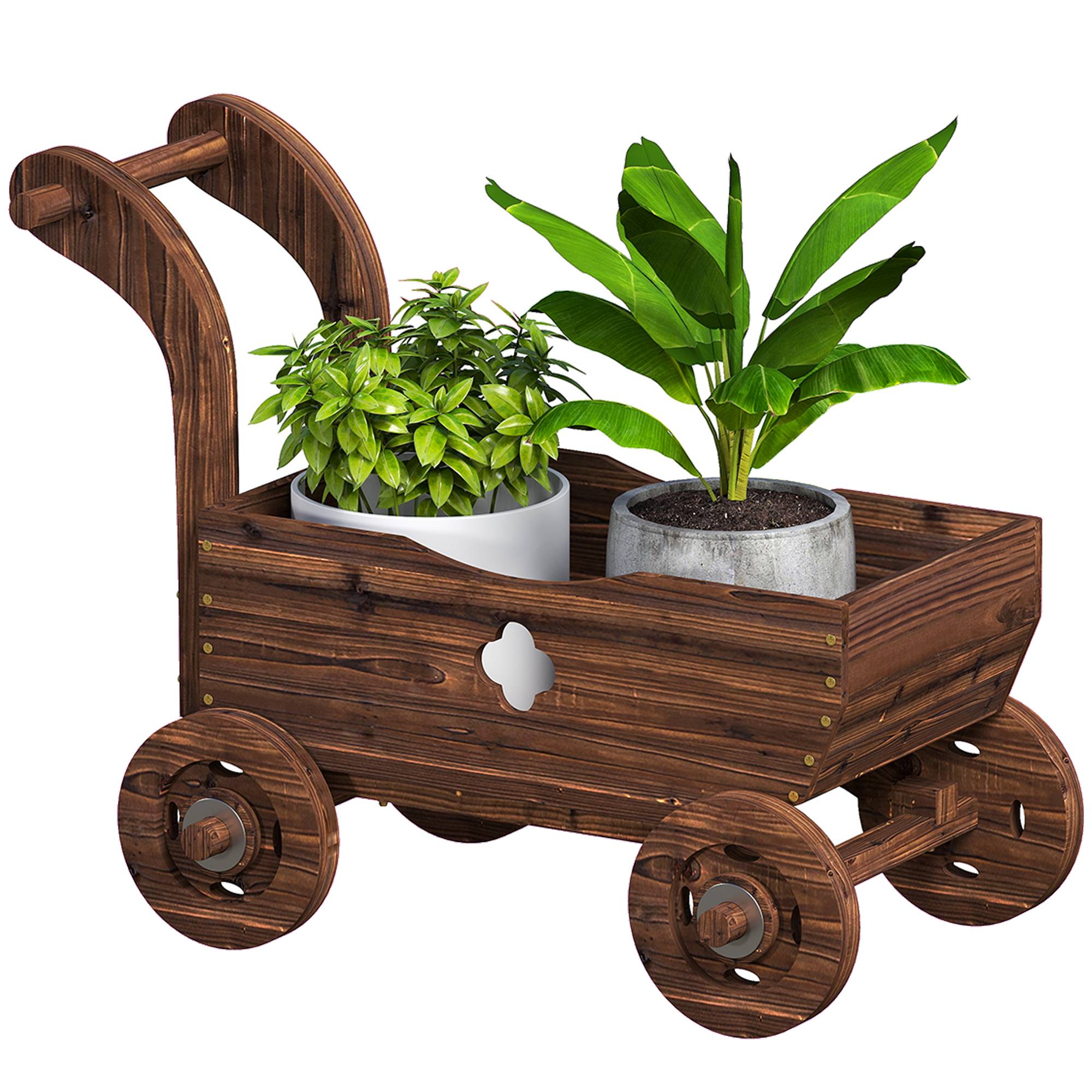 Jardinière surélevée décorative en forme de brouette en bois avec 4 roues, poignée et trous de drainage, 68 x 38 x 52 cm, carbonisée - Image 2
