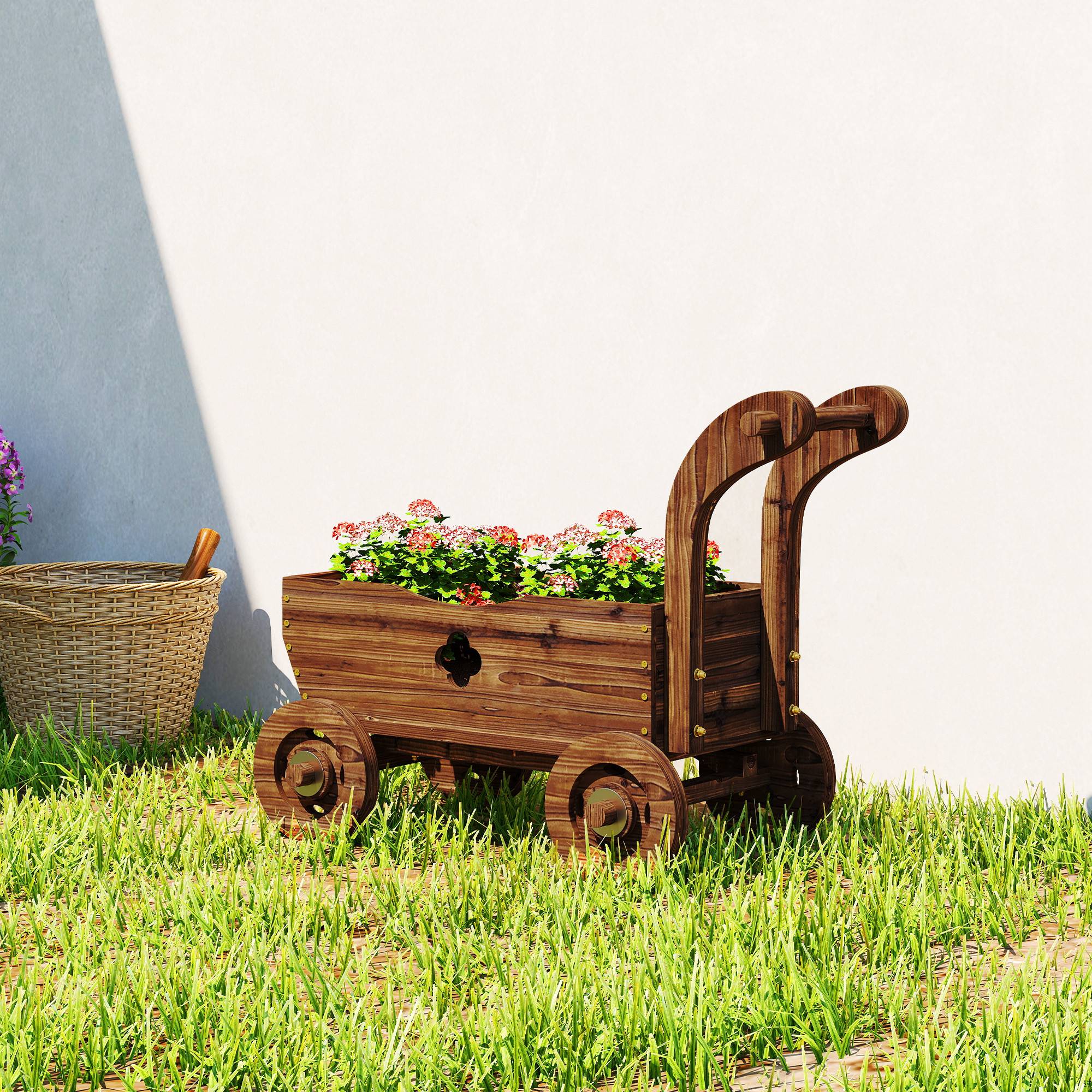 Jardinière surélevée décorative en forme de brouette en bois avec 4 roues, poignée et trous de drainage, 68 x 38 x 52 cm, carbonisée - Image 4