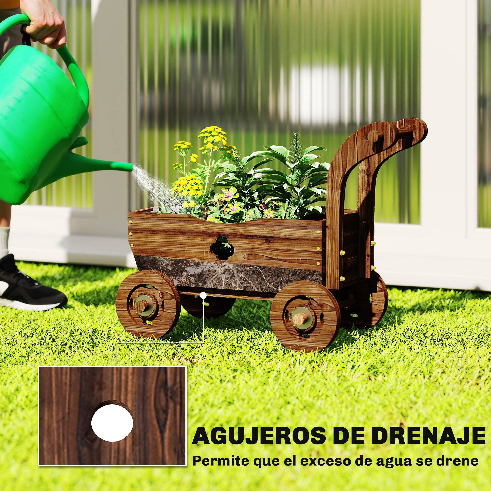 Jardinière surélevée décorative en forme de brouette en bois avec 4 roues, poignée et trous de drainage, 68 x 38 x 52 cm, carbonisée - Image 7
