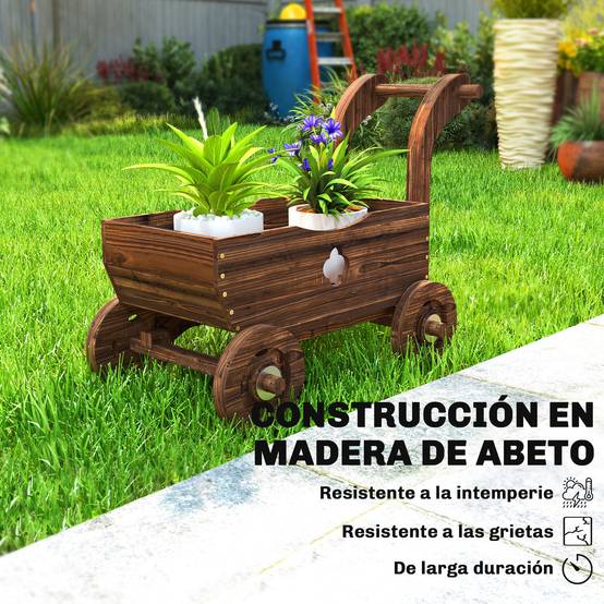 Jardinière surélevée décorative en forme de brouette en bois avec 4 roues, poignée et trous de drainage, 68 x 38 x 52 cm, carbonisée - Image 9
