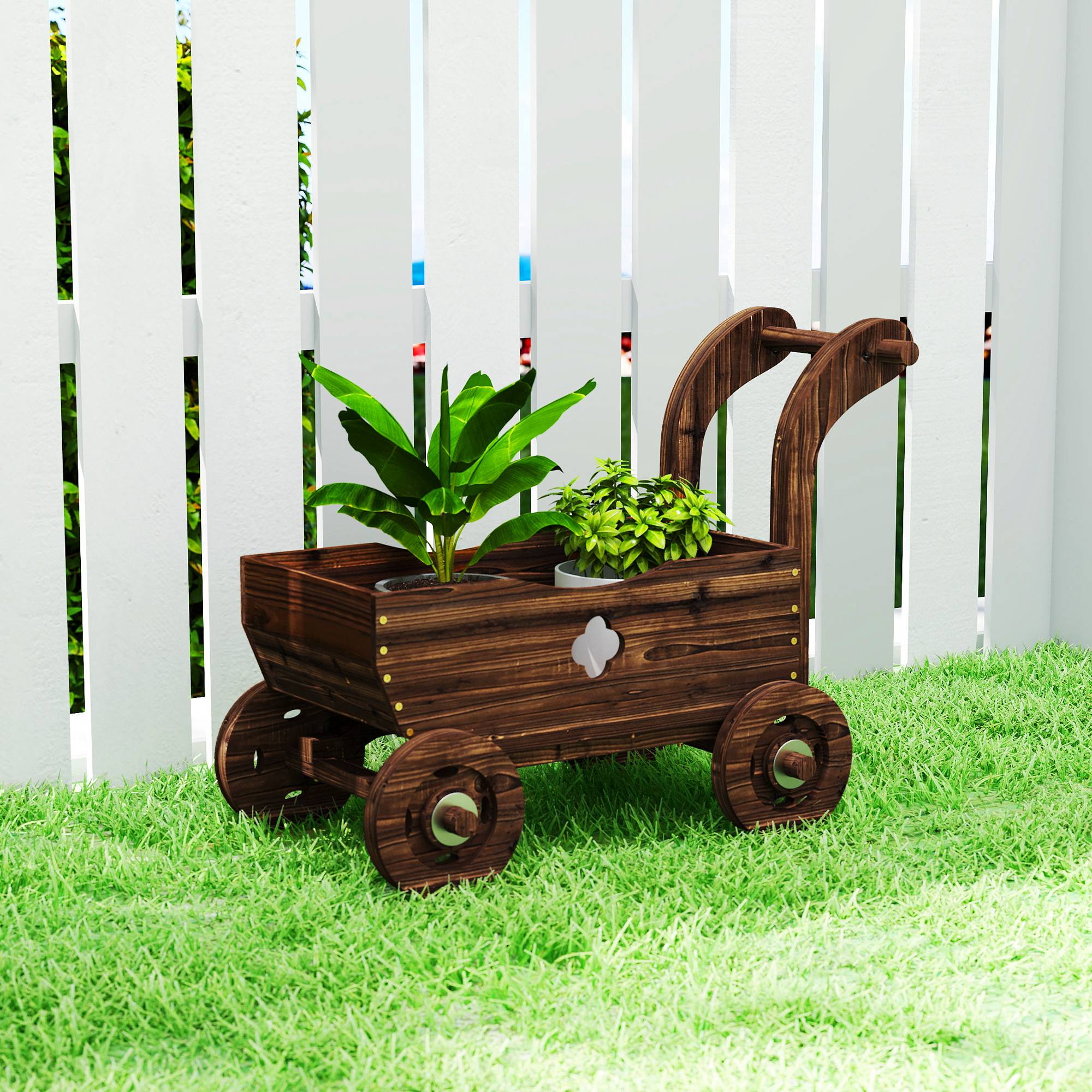 Jardinière surélevée décorative en forme de brouette en bois avec 4 roues, poignée et trous de drainage, 68 x 38 x 52 cm, carbonisée - Image 3