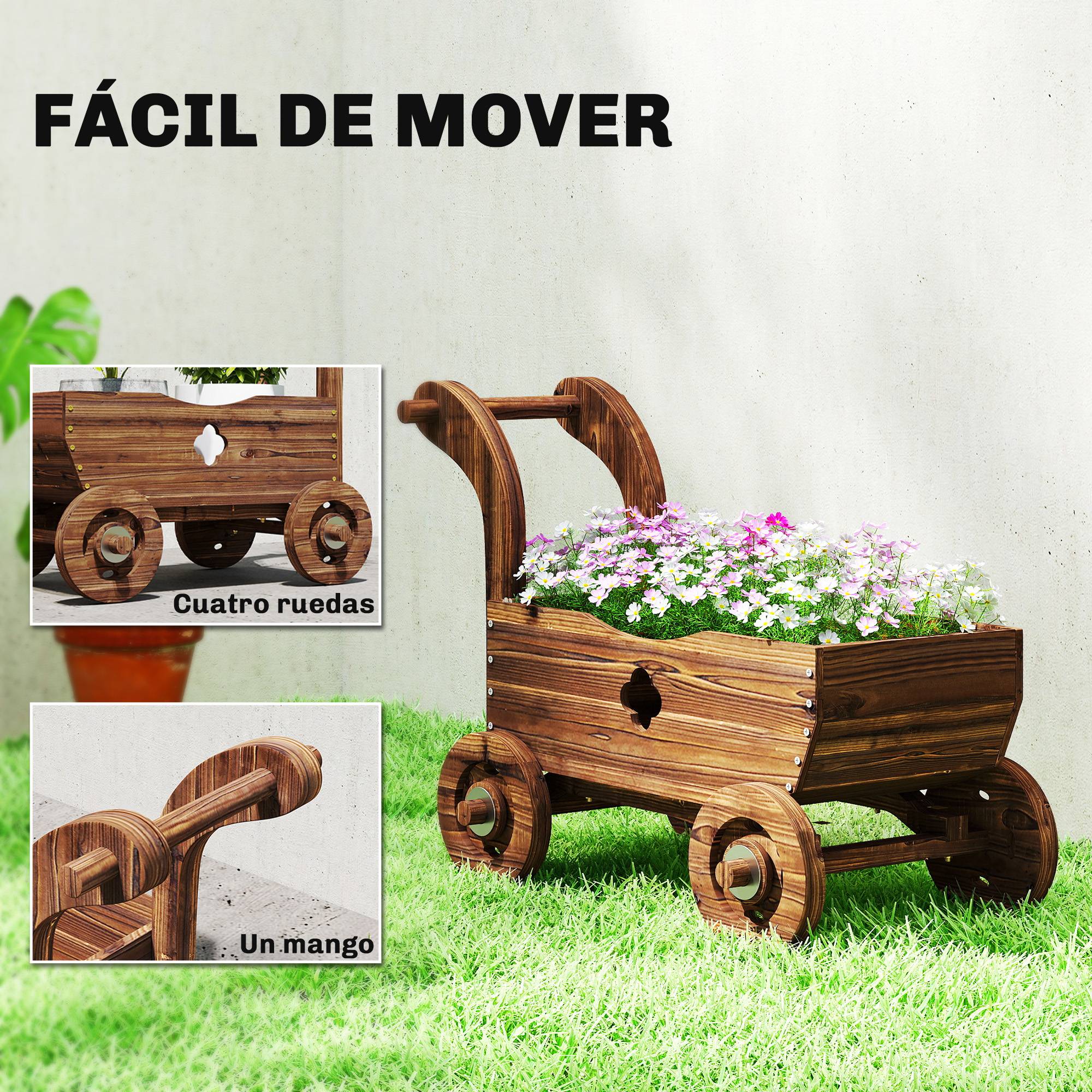 Jardinière surélevée décorative en forme de brouette en bois avec 4 roues, poignée et trous de drainage, 68 x 38 x 52 cm, carbonisée - Image 8