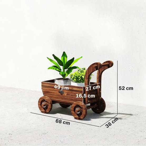 Jardinière surélevée décorative en forme de brouette en bois avec 4 roues, poignée et trous de drainage, 68 x 38 x 52 cm, carbonisée - Image 5