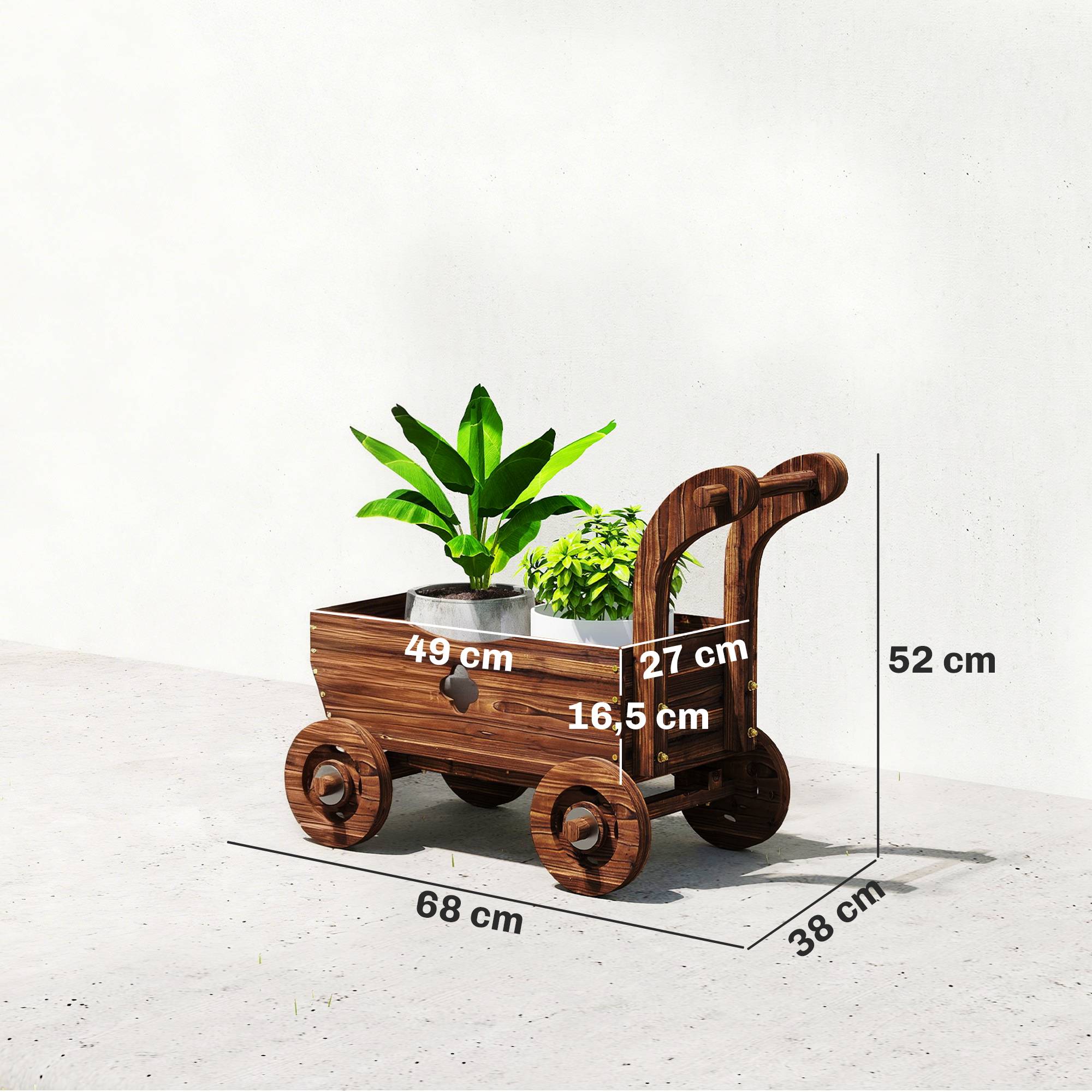 Jardinière surélevée décorative en forme de brouette en bois avec 4 roues, poignée et trous de drainage, 68 x 38 x 52 cm, carbonisée - Image 5