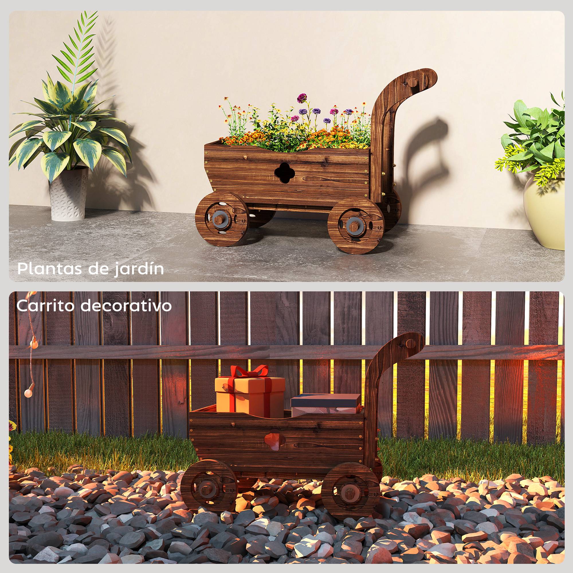 Jardinière surélevée décorative en forme de brouette en bois avec 4 roues, poignée et trous de drainage, 68 x 38 x 52 cm, carbonisée - Image 10