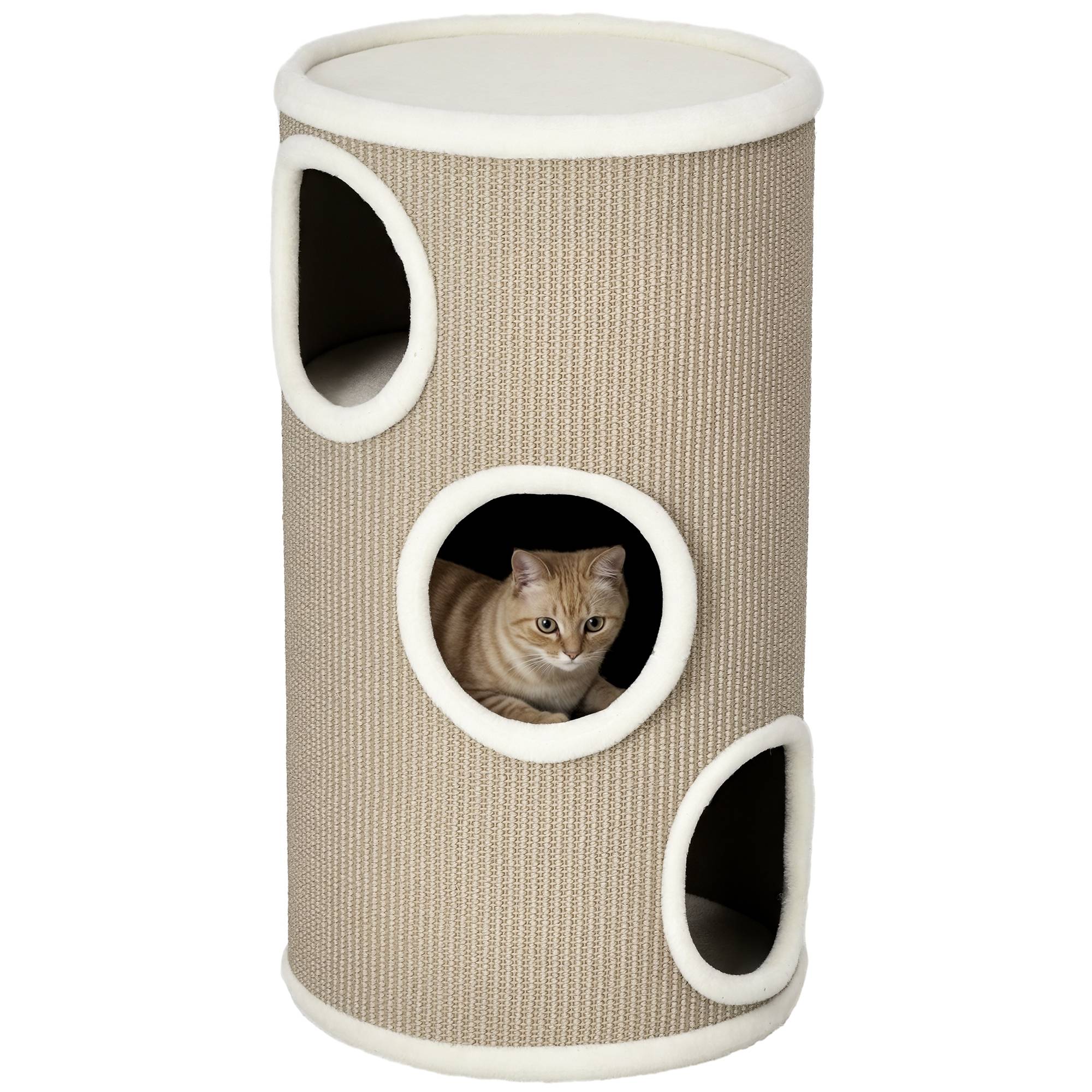 Maison pour chat à 3 niveaux avec griffoir en sisal et peluche, Ø38 x 70 cm, marron