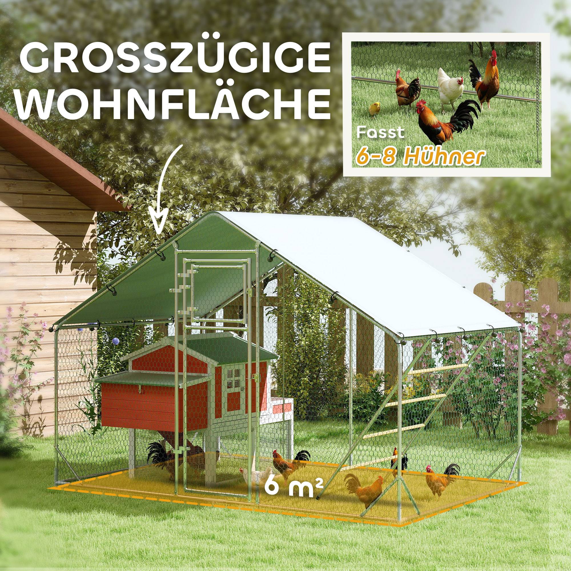 Enclos Poulailler Acier Galvanisé 6m² pour 6-8 Poules Parc Extérieur Bâche Toit 3x2m - ComfortXL Pet Living - Image 4