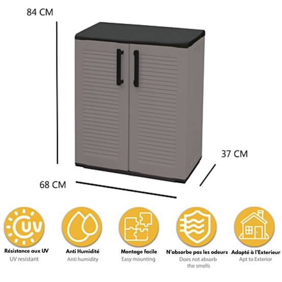 Armoire de Rangement Grise Armoire basse 2 portes Polypropylène - Meuble de rangement 68 x 37 x h84 cm ArtPlast - Image 2
