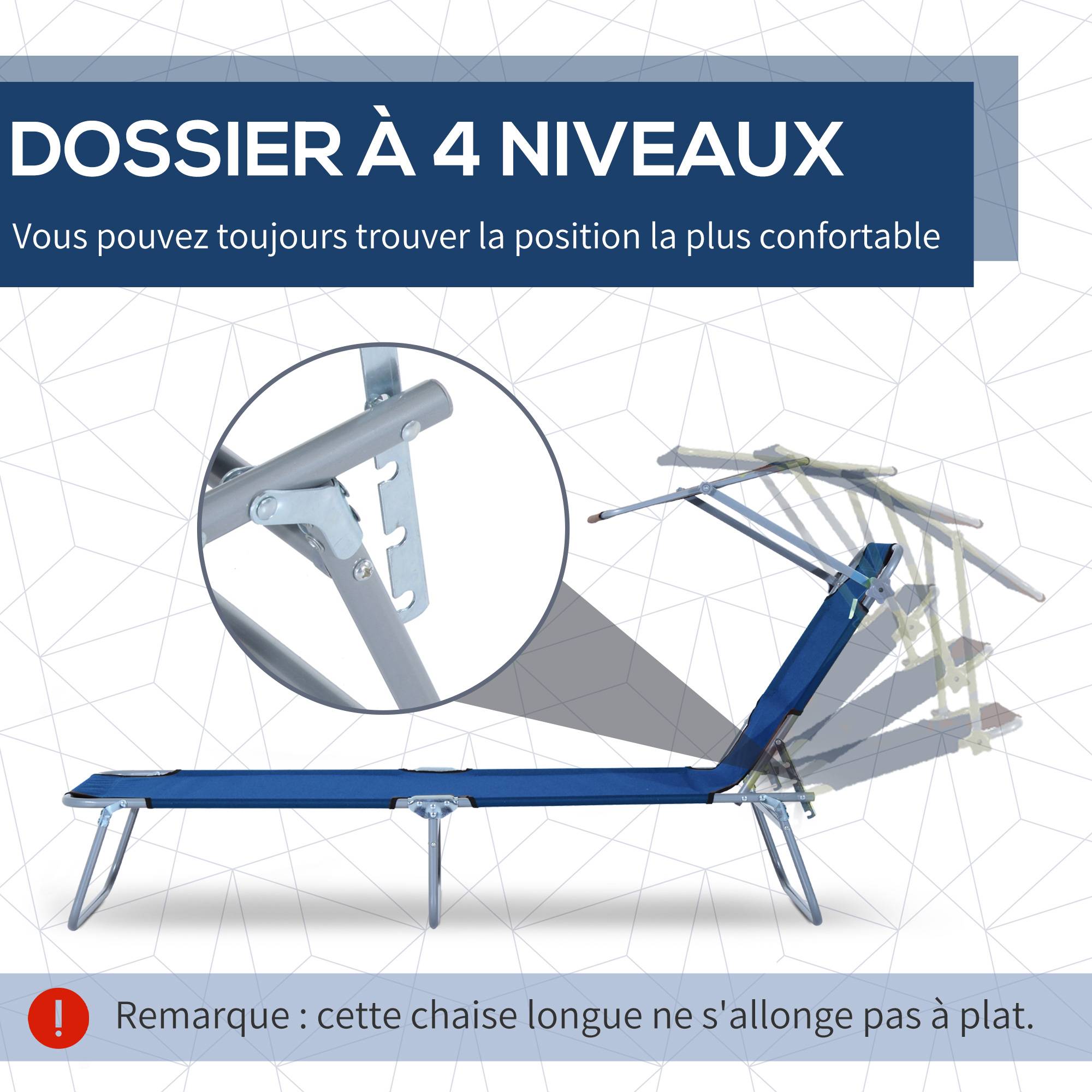 Transat Bain de Soleil Pliable Chaise Longue Grand Confort - 187x58x36cm Métal Bleu fr573 - Image 6