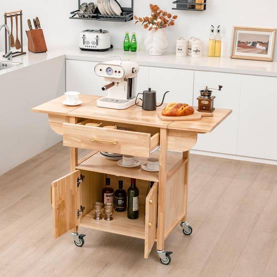 Desserte de Cuisine à roulettes, Chariot de Cuisine Plateau en Bois d'Hévéa Rabattable avec Tiroir, Placard, 114x51x88 cm,Naturel - Image 8