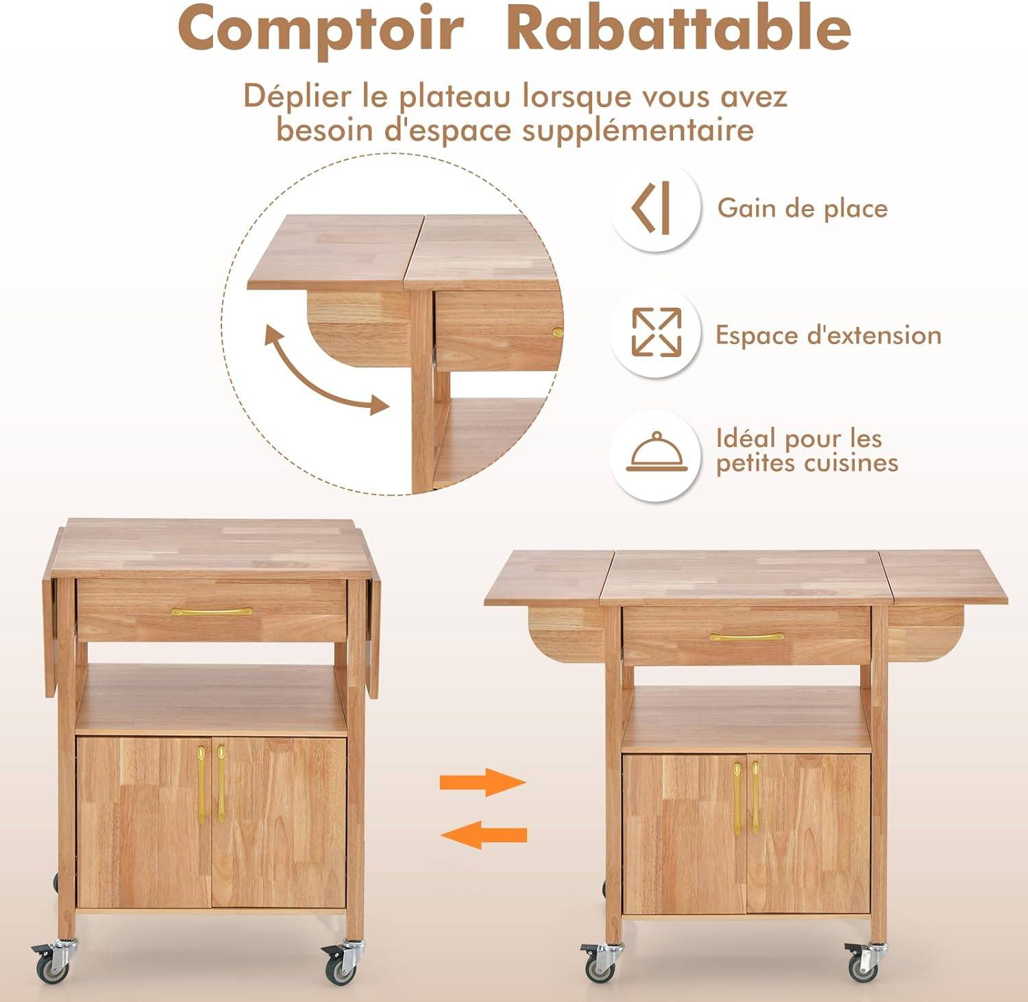 Desserte de Cuisine à roulettes, Chariot de Cuisine Plateau en Bois d'Hévéa Rabattable avec Tiroir, Placard, 114x51x88 cm,Naturel - Image 3