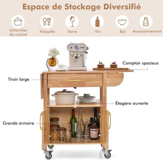 Desserte de Cuisine à roulettes, Chariot de Cuisine Plateau en Bois d'Hévéa Rabattable avec Tiroir, Placard, 114x51x88 cm,Naturel - Image 2