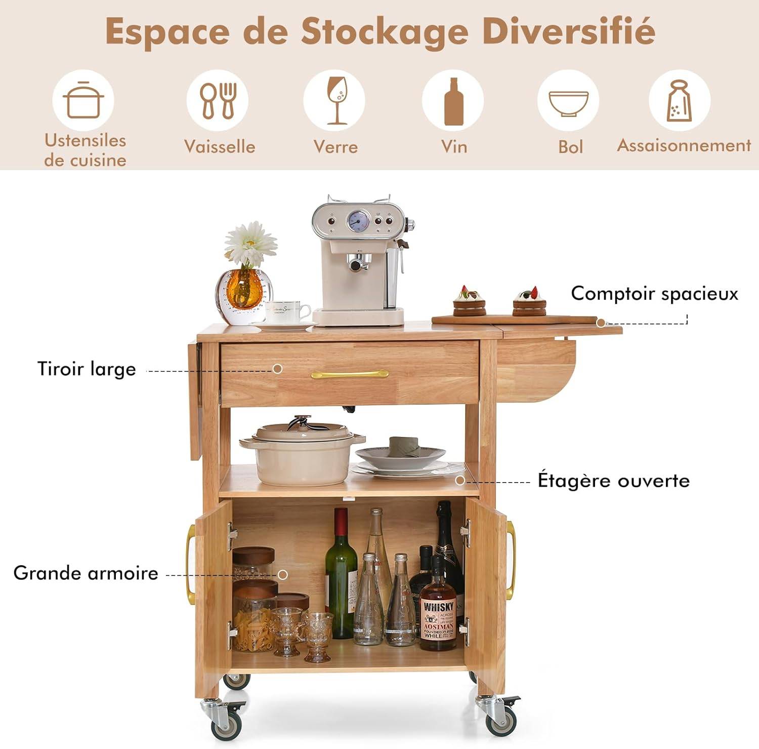Desserte de Cuisine à roulettes, Chariot de Cuisine Plateau en Bois d'Hévéa Rabattable avec Tiroir, Placard, 114x51x88 cm,Naturel - Image 2