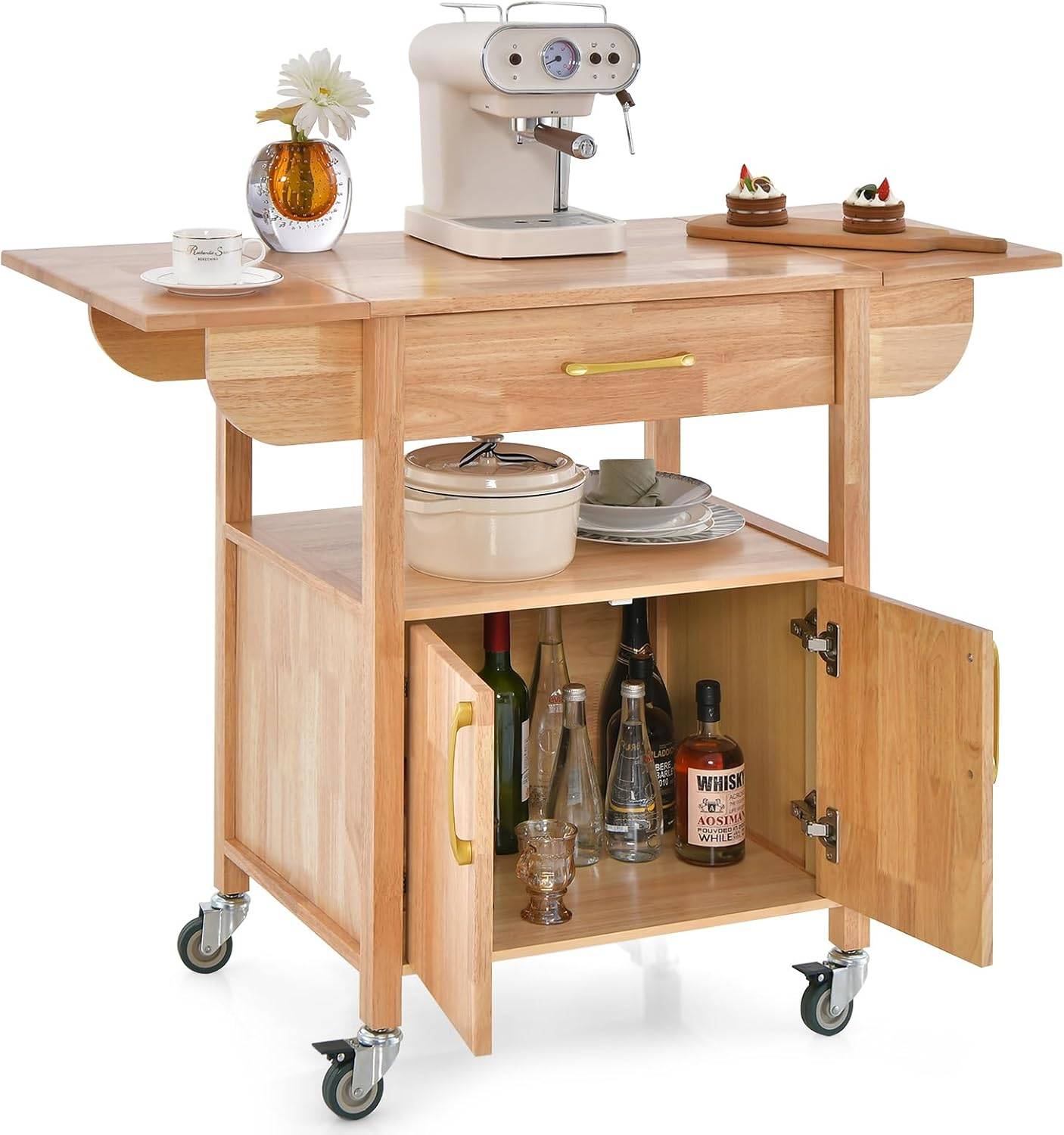 Desserte de Cuisine à roulettes, Chariot de Cuisine Plateau en Bois d'Hévéa Rabattable avec Tiroir, Placard, 114x51x88 cm,Naturel - Image 1