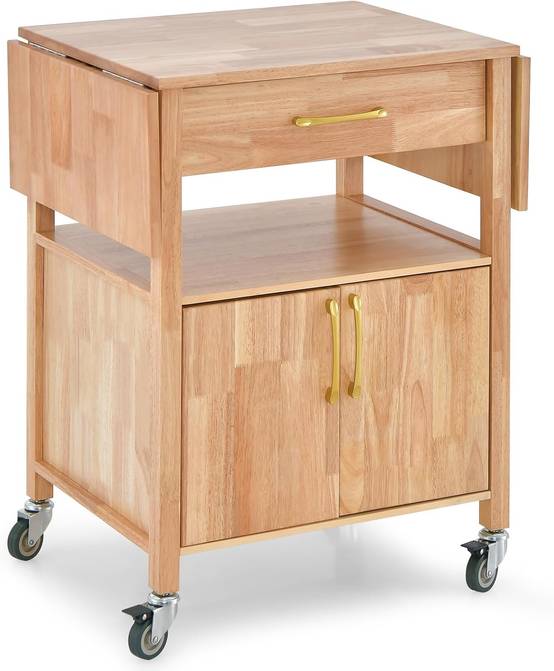 Desserte de Cuisine à roulettes, Chariot de Cuisine Plateau en Bois d'Hévéa Rabattable avec Tiroir, Placard, 114x51x88 cm,Naturel - Image 9