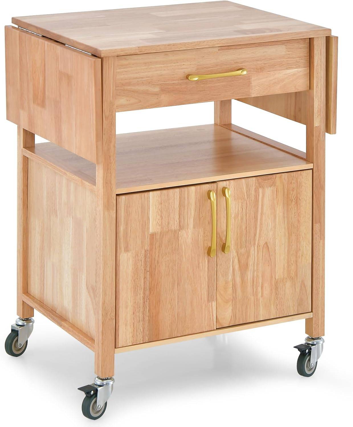 Desserte de Cuisine à roulettes, Chariot de Cuisine Plateau en Bois d'Hévéa Rabattable avec Tiroir, Placard, 114x51x88 cm,Naturel - Image 9