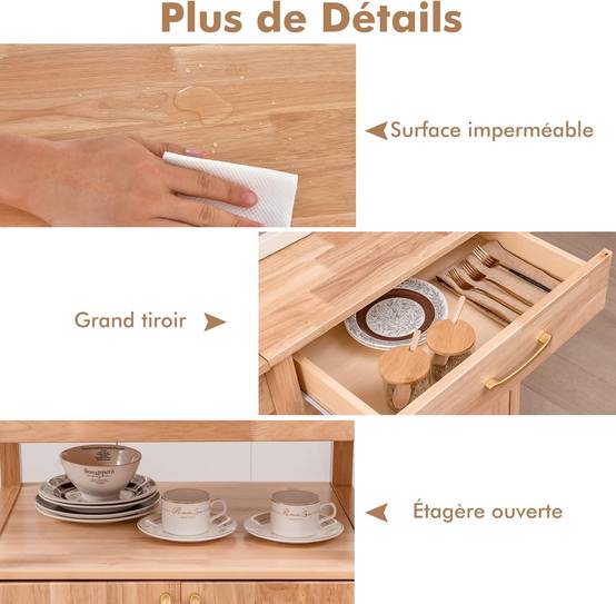 Desserte de Cuisine à roulettes, Chariot de Cuisine Plateau en Bois d'Hévéa Rabattable avec Tiroir, Placard, 114x51x88 cm,Naturel - Image 6