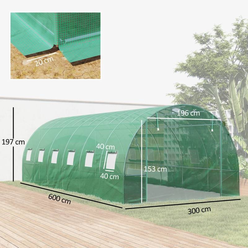 Serre Tunnel Jardin 18m² Acier et PE Vert 600x300cm Portes Enroulables - ComfortXL Outdoor Living - Image 3