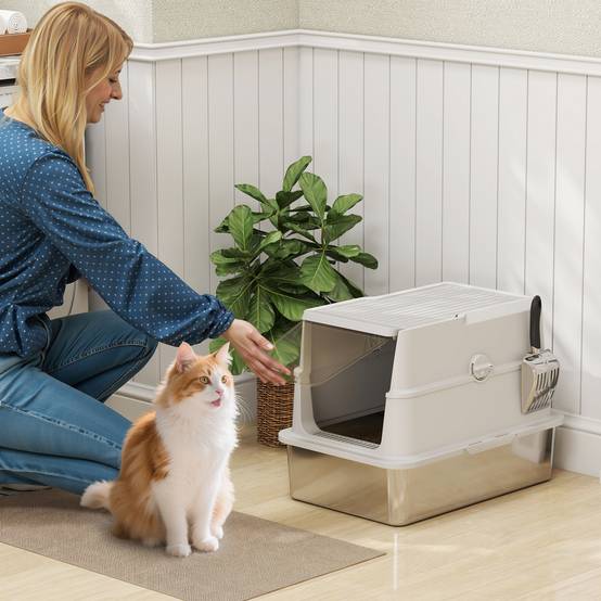 Bac à litière pour chat, en acier inoxydable, grand format, avec pelle, gris clair - Image 3