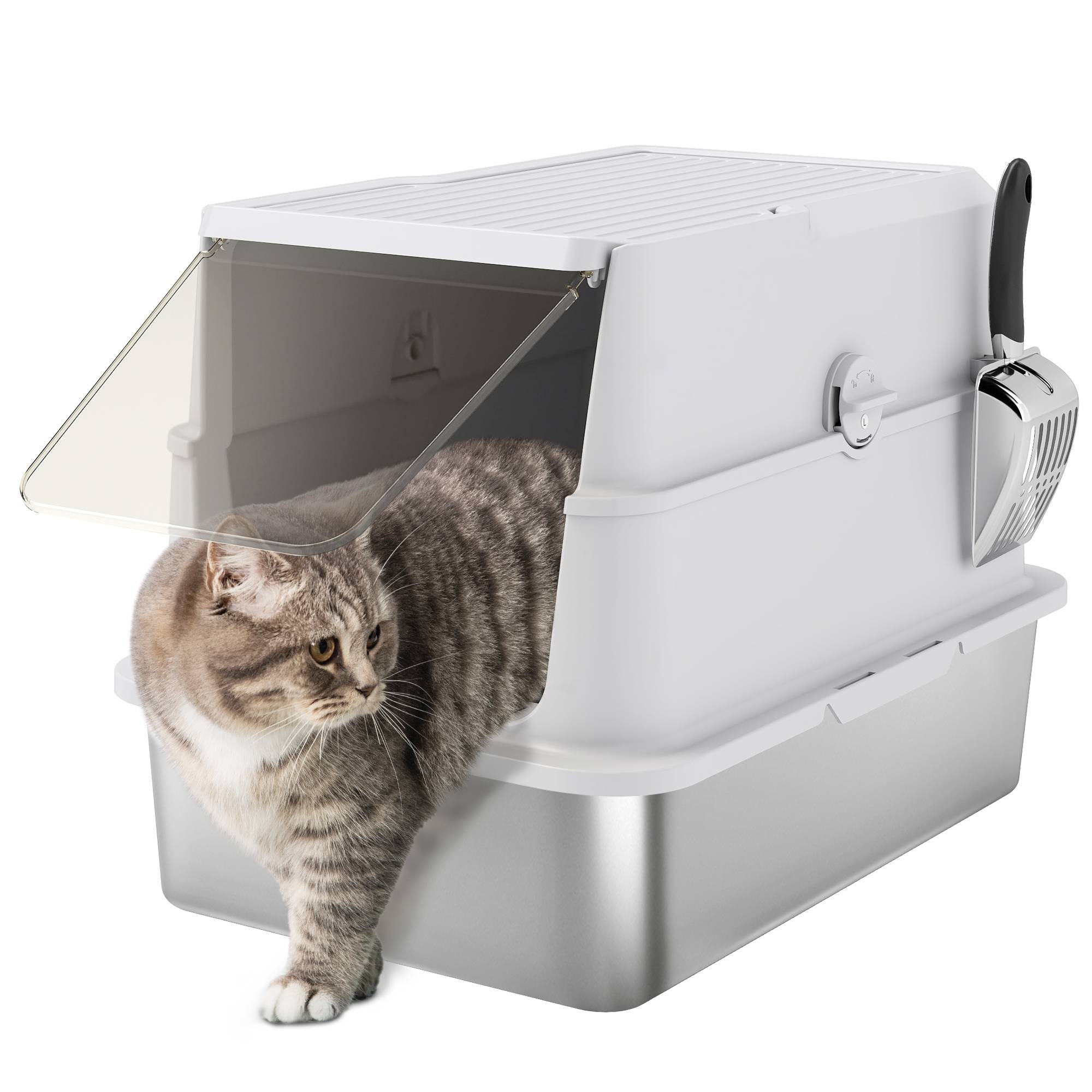 Bac à litière pour chat, en acier inoxydable, grand format, avec pelle, gris clair - Image 1