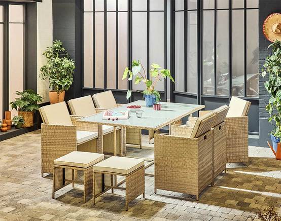 Salon de jardin encastrable 10 places en résine tressée beige avec coussins et housse – Best Mobilier - Image 1