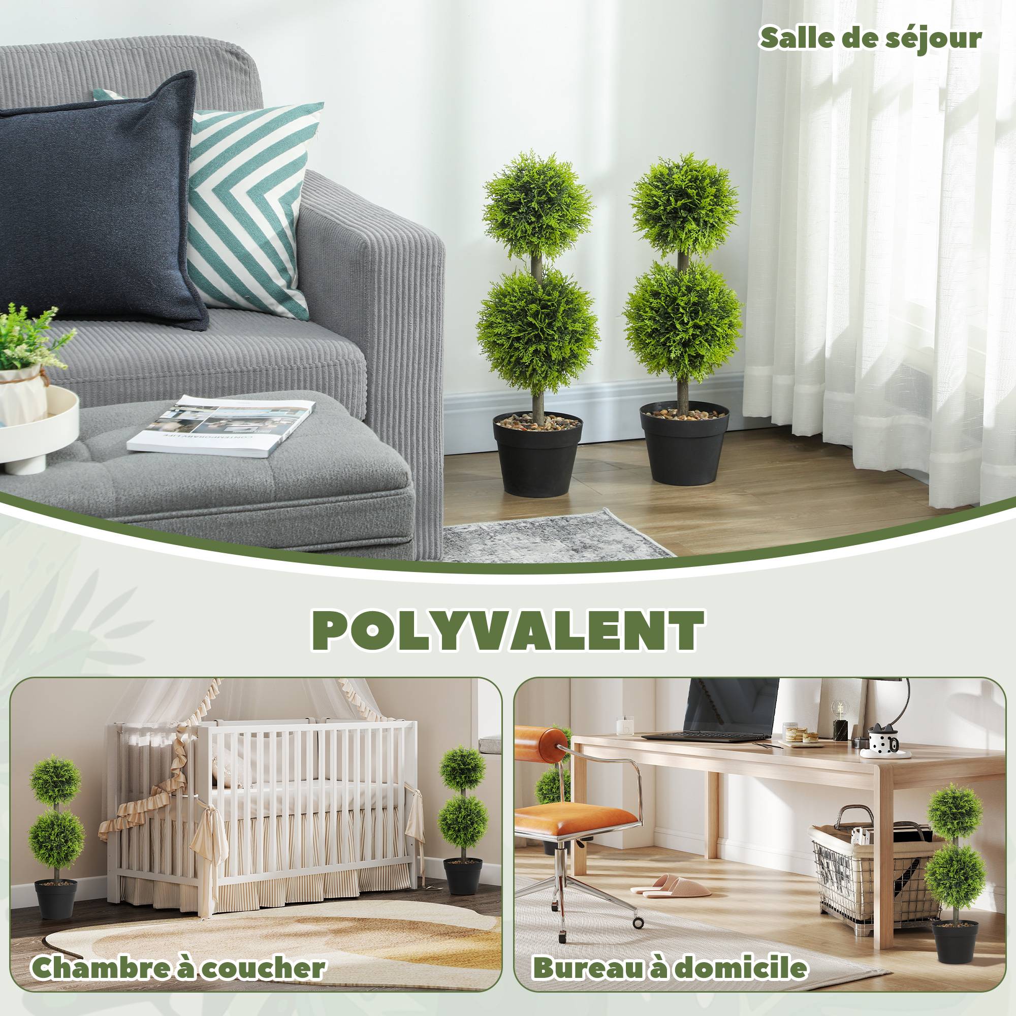 Lot de 2 plantes artificielles décoratives, boules de buis artificiel 60 cm avec pot, plastique, vert - Image 7