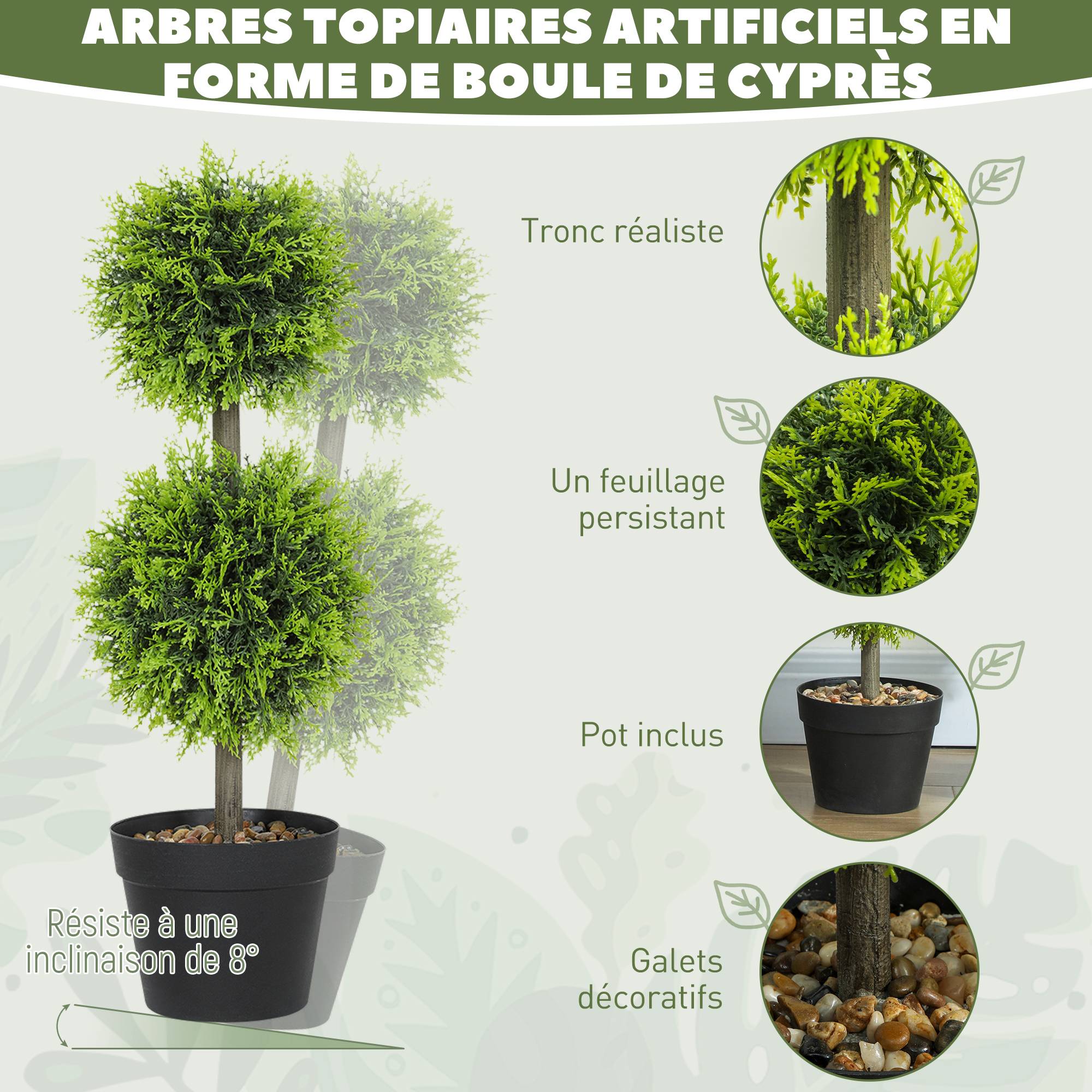 Lot de 2 plantes artificielles décoratives, boules de buis artificiel 60 cm avec pot, plastique, vert - Image 6