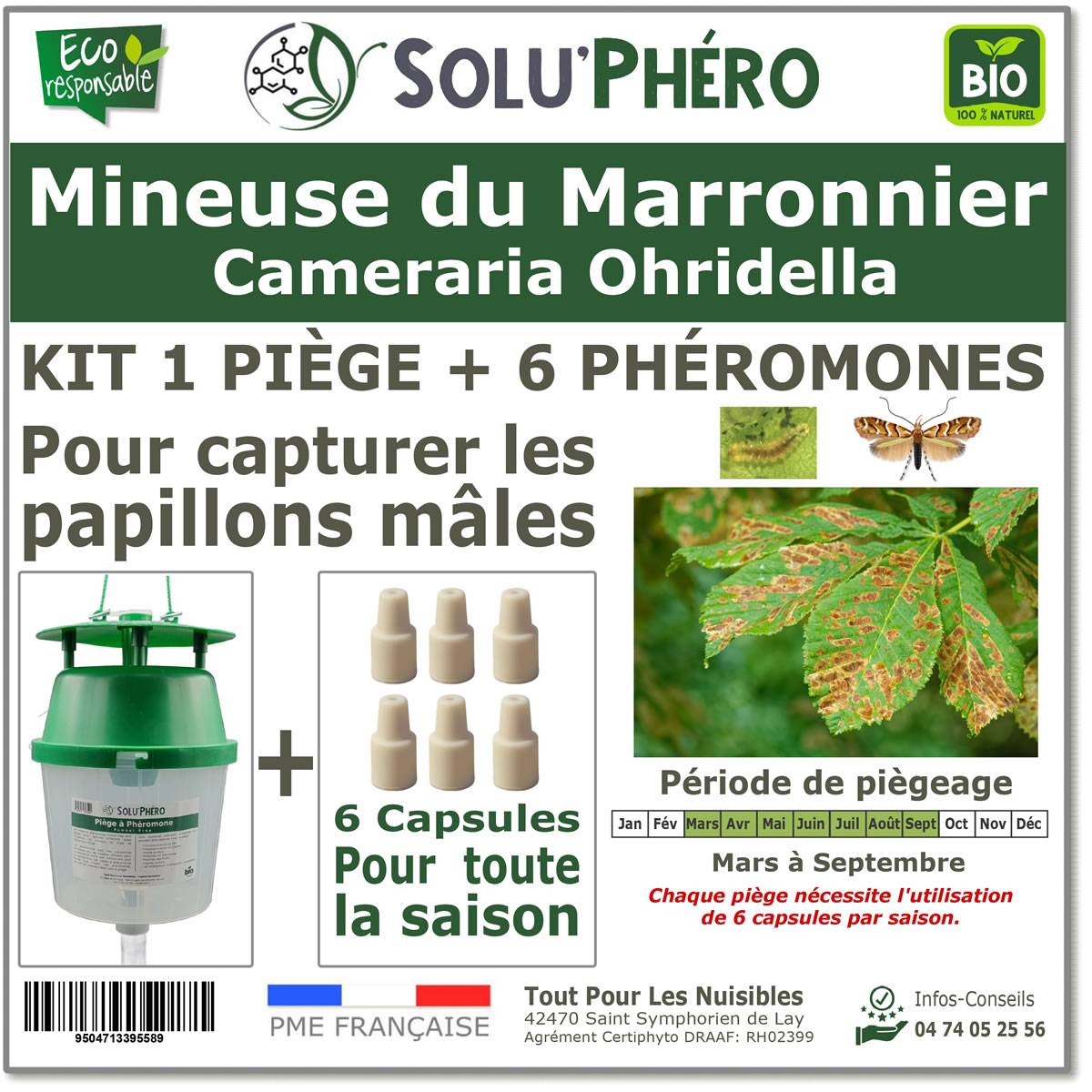 SOLUPHERO - Kit 1 Piège Funnel + 6 Phéromones Mineuse Marronnier Bio - Efficacité par Capsule de 4 à 6 Semaines - Phéromone de Contrôle - Imagen 1