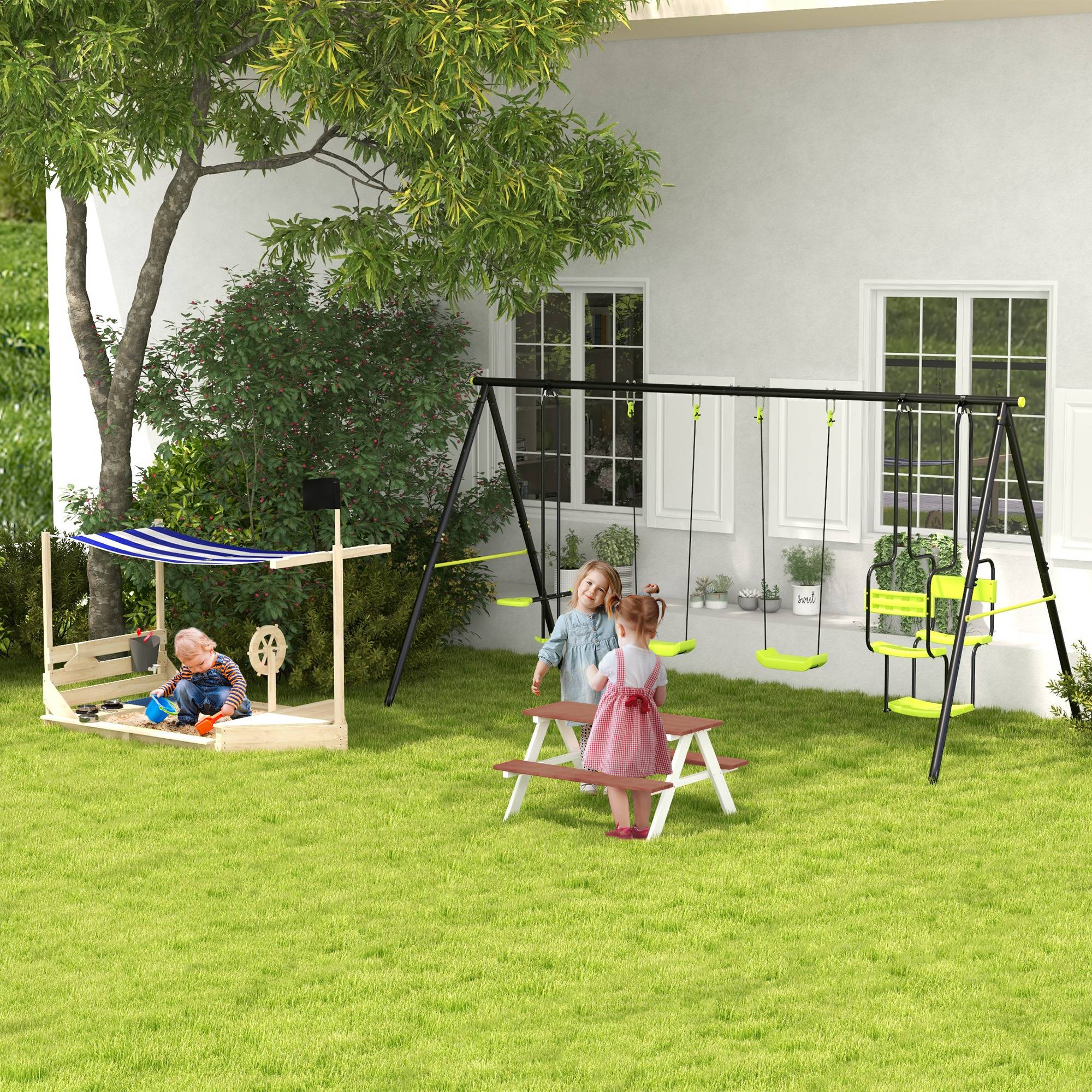 ComfortXL - Portique balançoire 4 agrès en acier époxy vert 355 x 184 x 186 cm pour jardin et jeux d’enfants avec ancrages au sol - Image 9