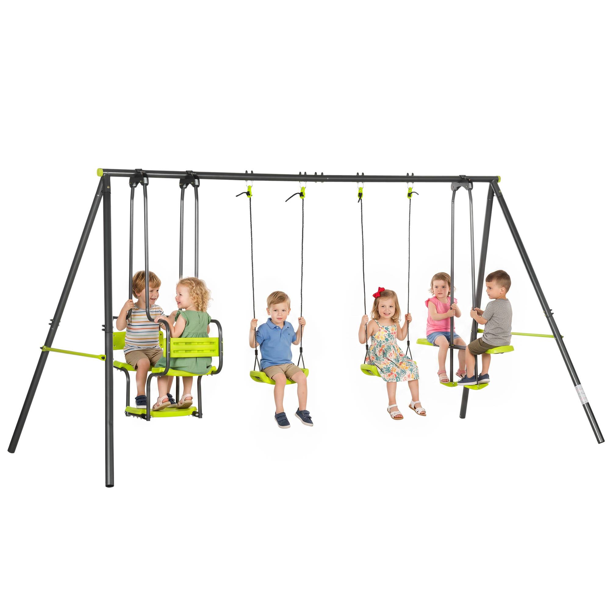 ComfortXL - Portique balançoire 4 agrès en acier époxy vert 355 x 184 x 186 cm pour jardin et jeux d’enfants avec ancrages au sol - Image 2