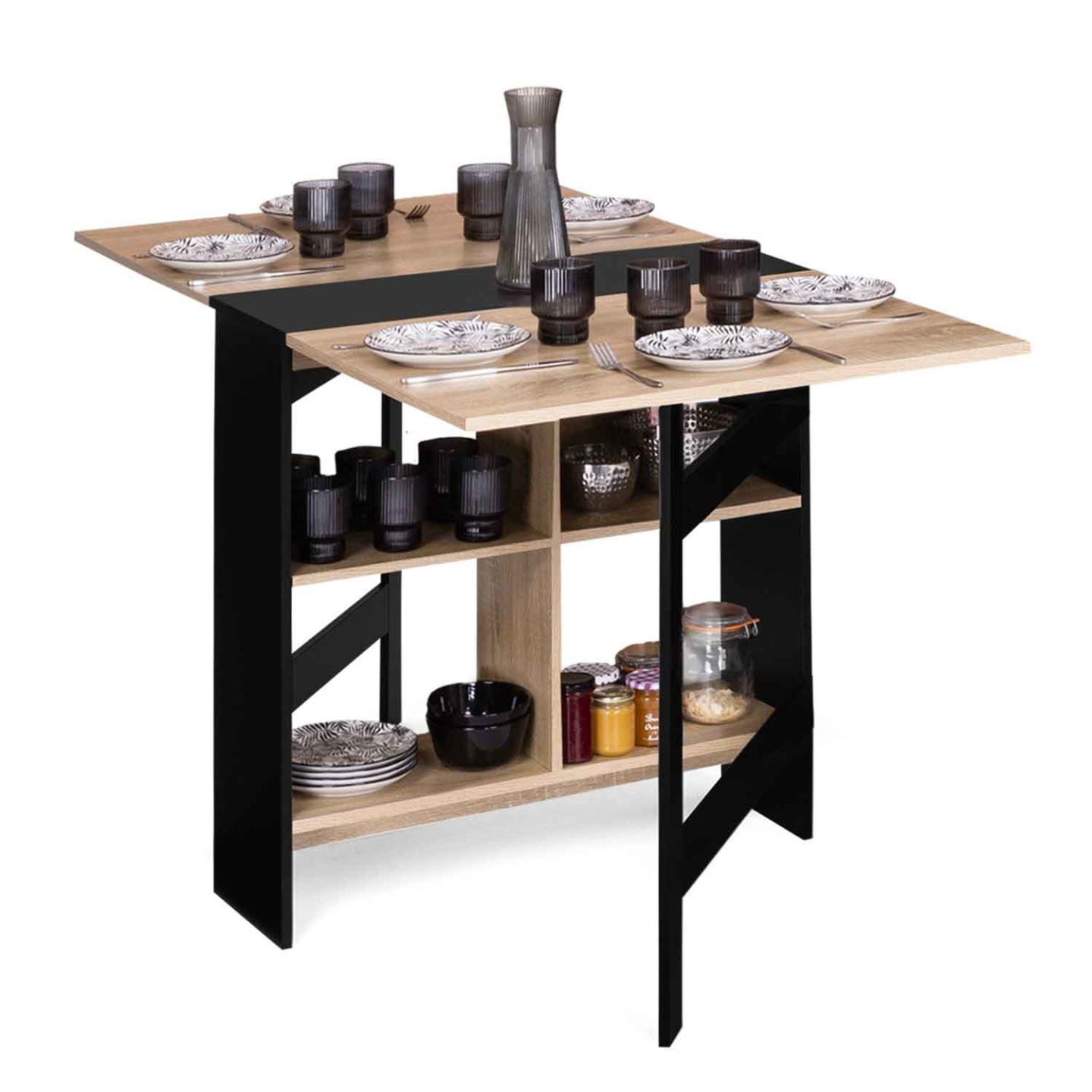 Table console pliable EDI 2-6 personnes avec rangements bois noir plateau façon hêtre 150 x 80 cm - Image 5