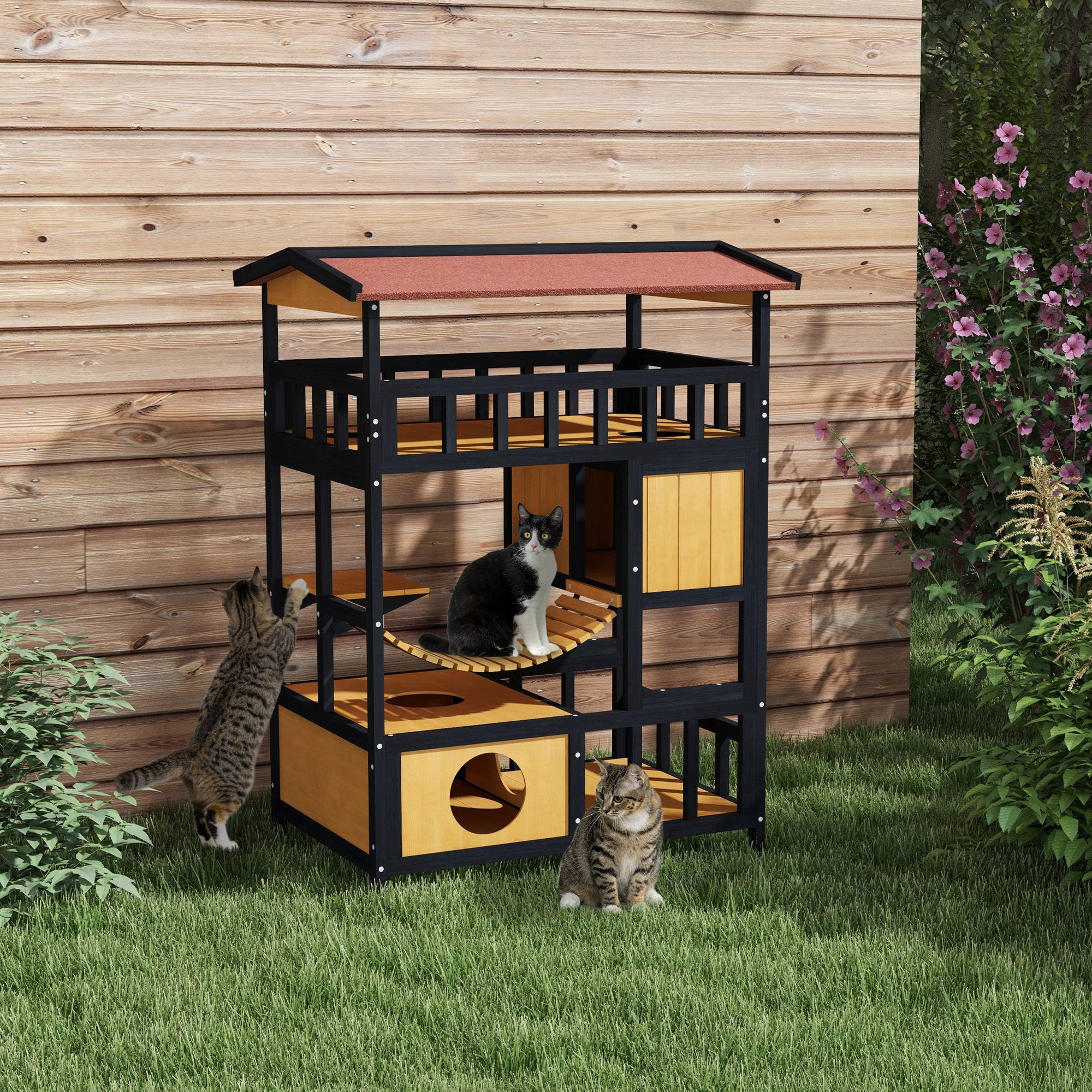 Maisonnette pour chat bois naturel 84 x 60 x 116 cm - PANGIVO - Image 3