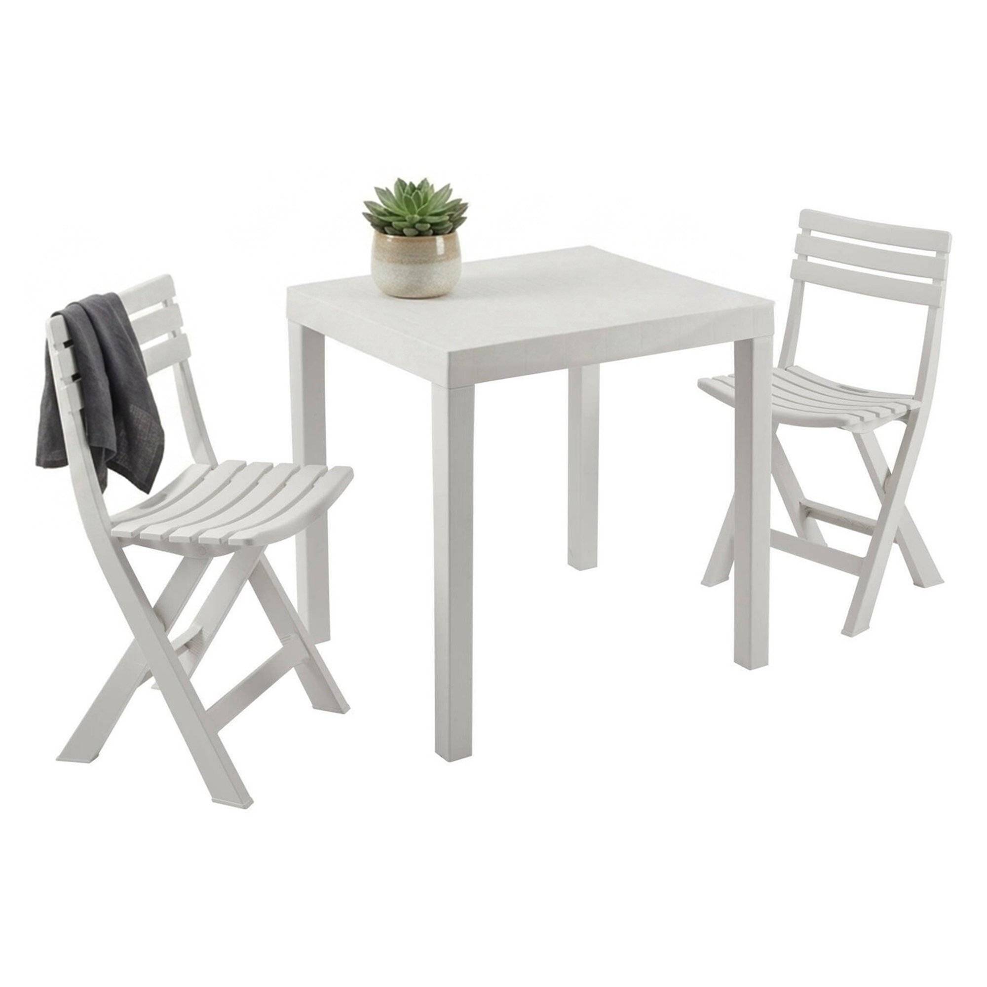 Dmora - Salon d'extérieur Ortisei, Composition de jardin avec 1 table rectangulaire et 2 chaises pliantes, Salon intérieur et extérieur de Pic Nic, Blanc - Imagen 1