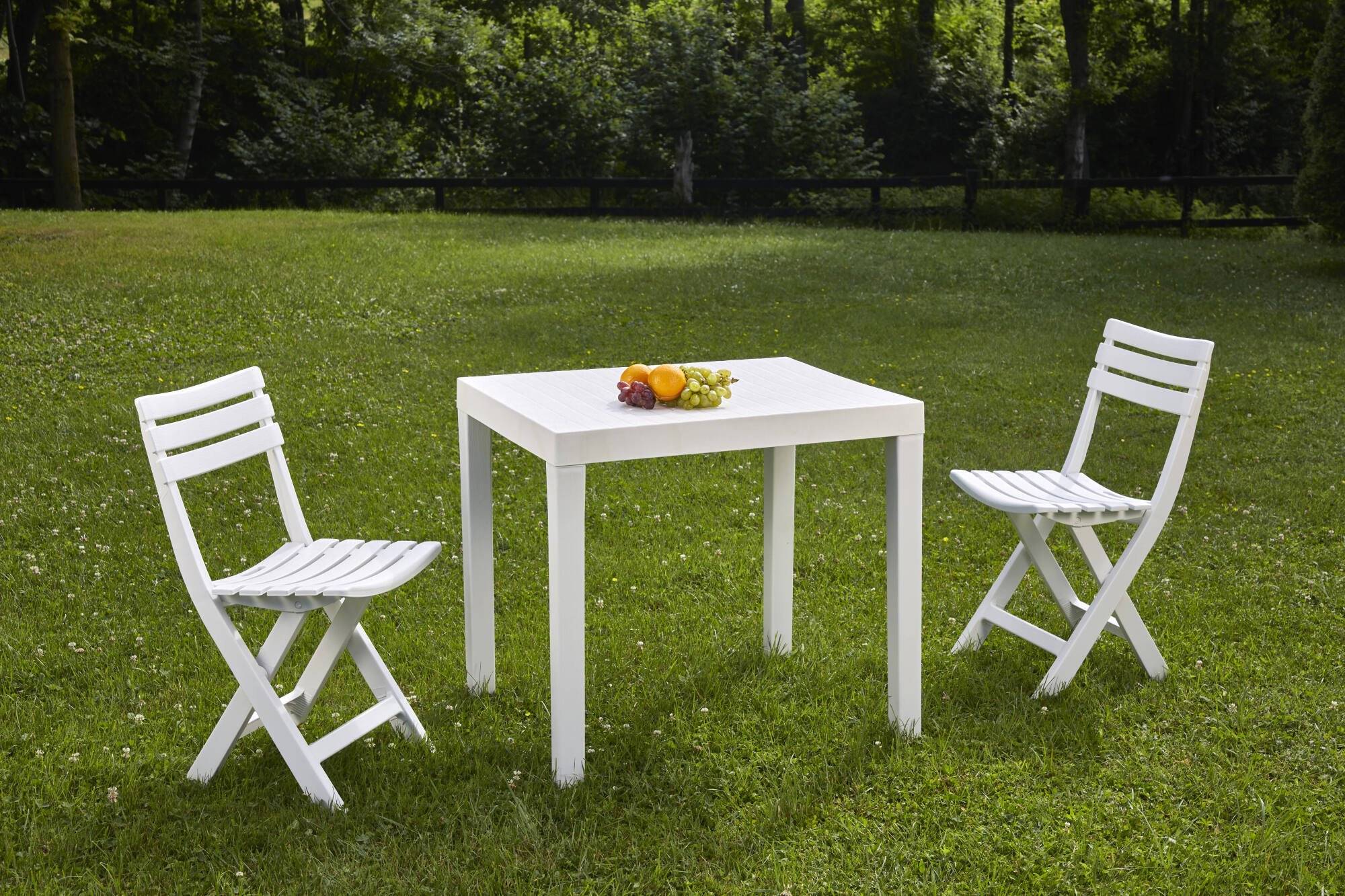 Dmora - Salon d'extérieur Ortisei, Composition de jardin avec 1 table rectangulaire et 2 chaises pliantes, Salon intérieur et extérieur de Pic Nic, Blanc - Imagen 4