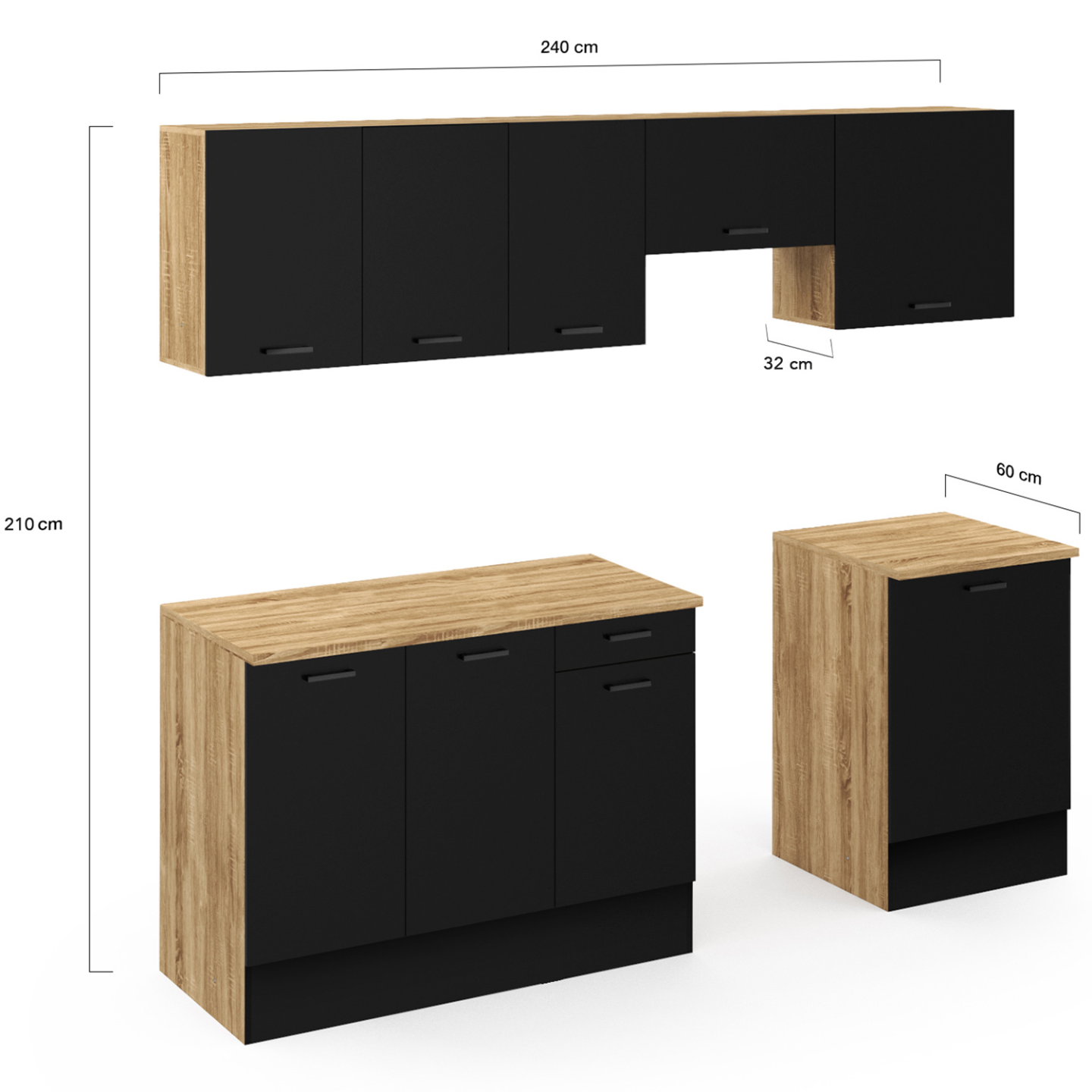 Cuisine complète 240 cm SUBTIL avec plan de travail 7 éléments bois et noir - Image 5