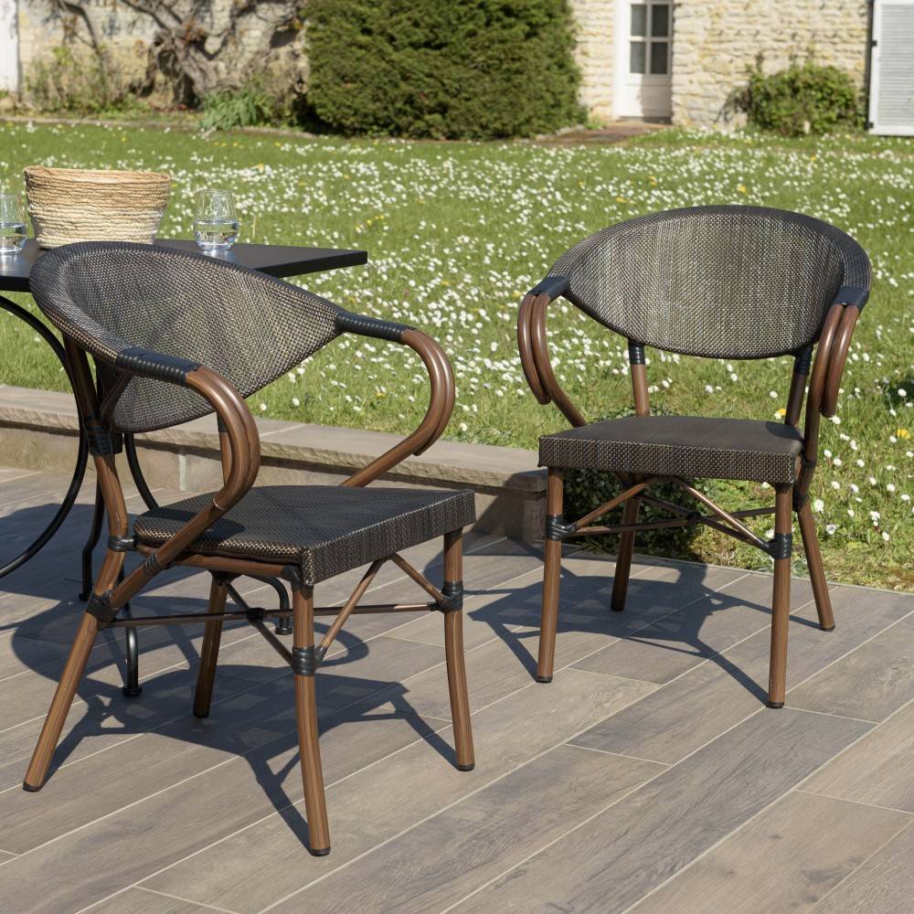 Macabane - VIANNEY - Lot de 2 chaises de jardin bistrot en acier textilène marron - Imagen 2