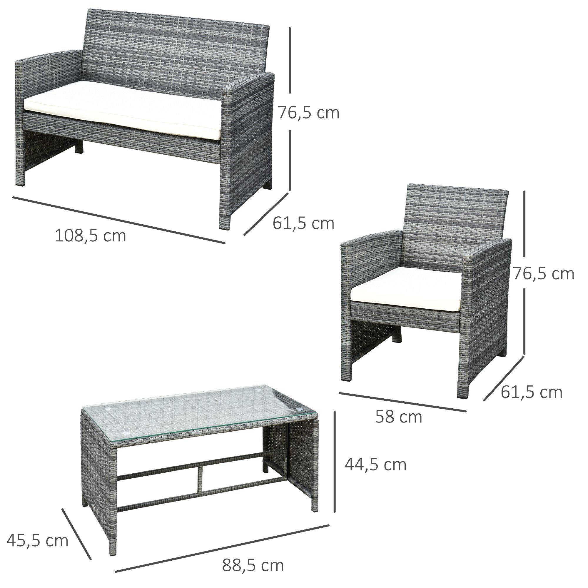 Outsunny - Ensemble salon de jardin 4 places canapé 2 fauteuils table basse plateau verre trempé résine tressée imitation rotin gris coussins crème - Outsunny - Imagen 3