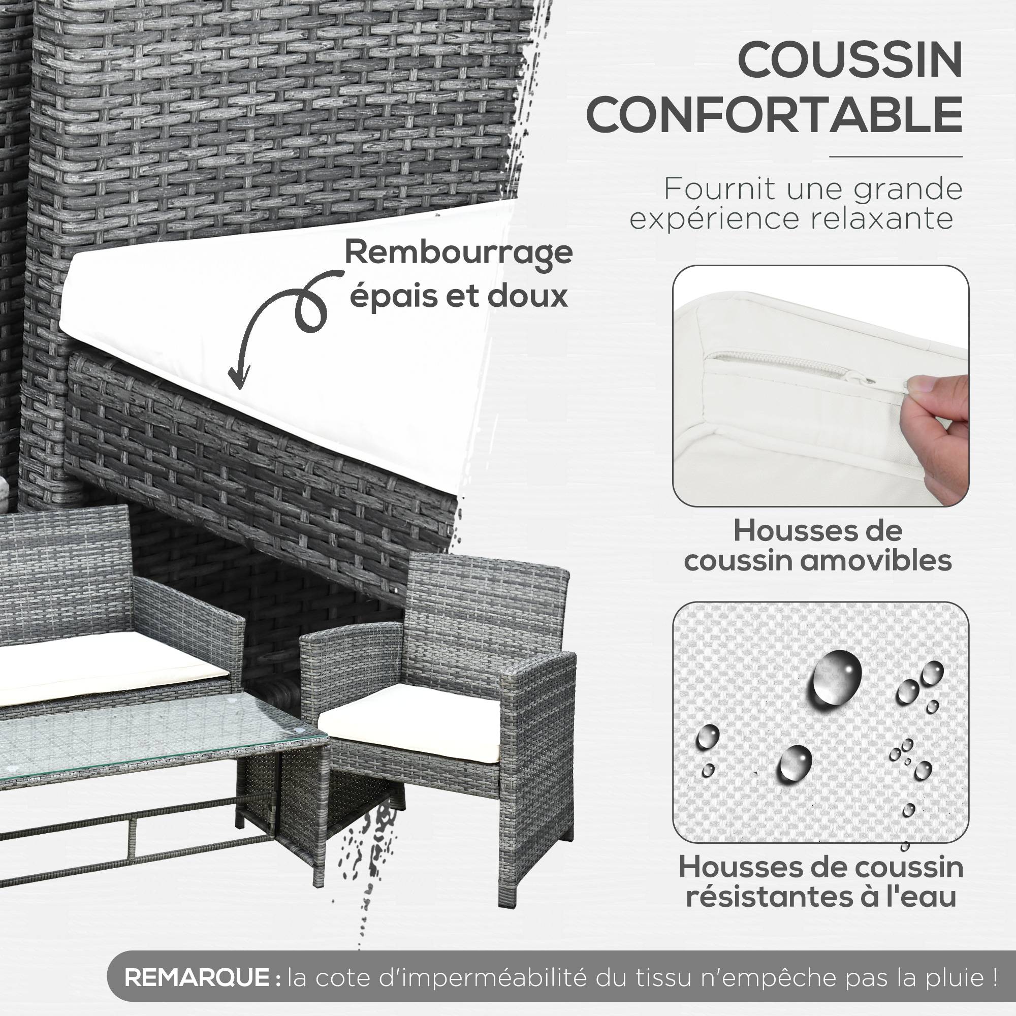 Outsunny - Ensemble salon de jardin 4 places canapé 2 fauteuils table basse plateau verre trempé résine tressée imitation rotin gris coussins crème - Outsunny - Imagen 5