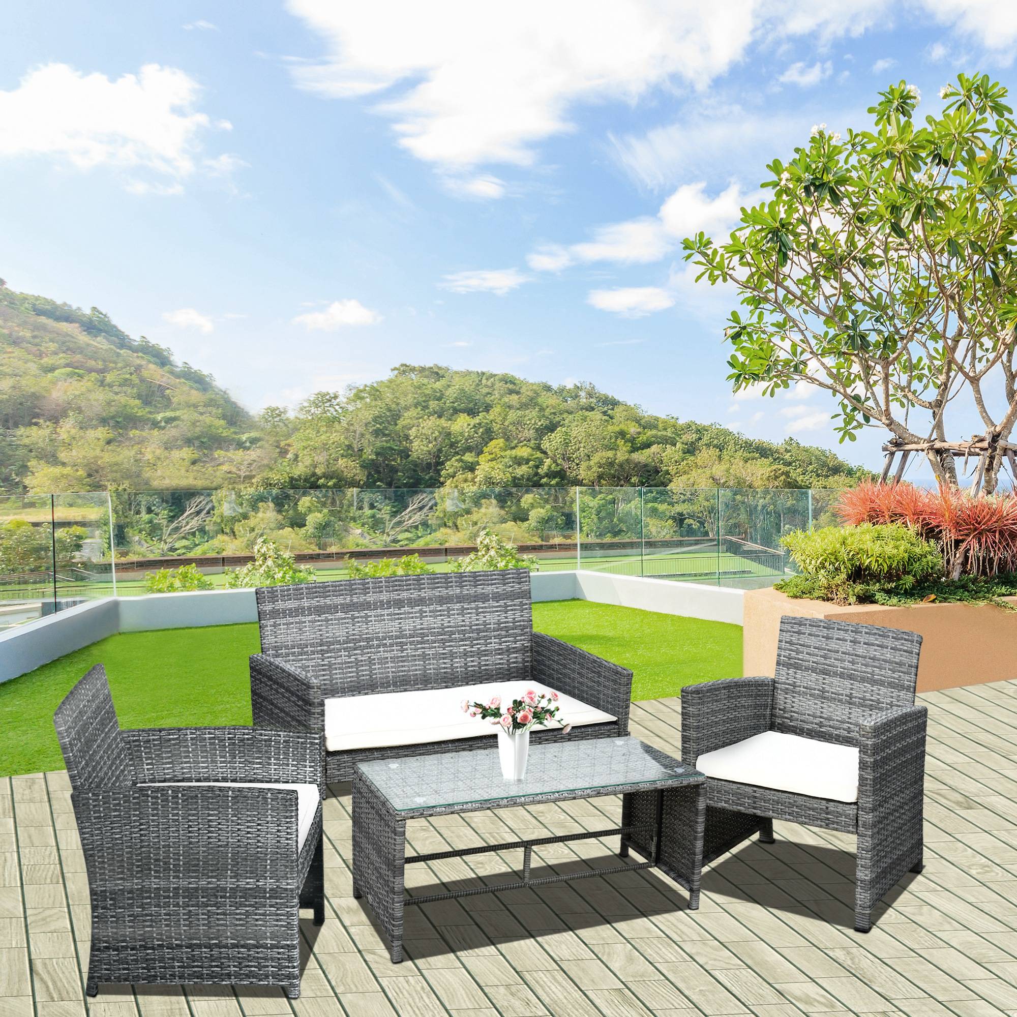 Outsunny - Ensemble salon de jardin 4 places canapé 2 fauteuils table basse plateau verre trempé résine tressée imitation rotin gris coussins crème - Outsunny - Imagen 7