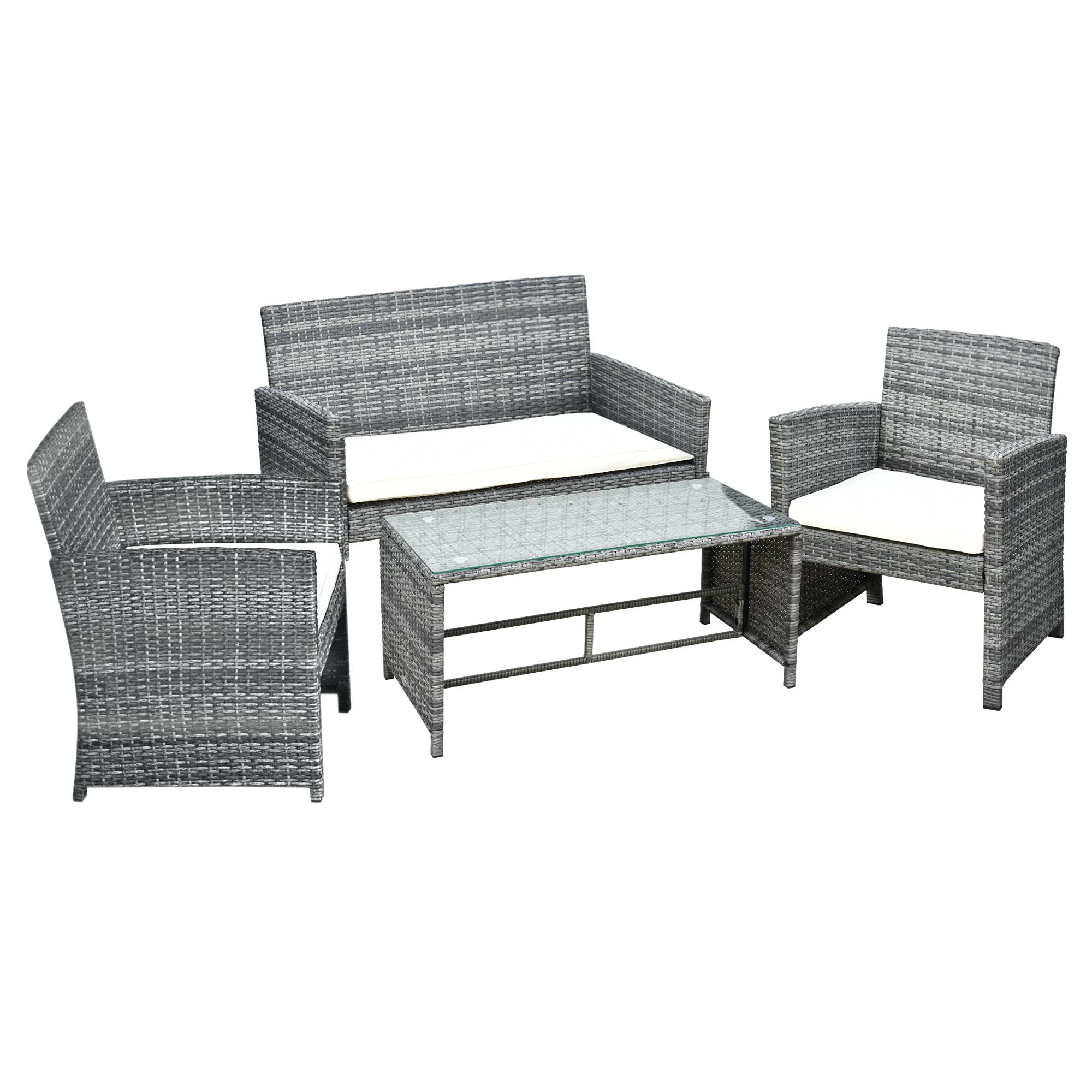 Outsunny - Ensemble salon de jardin 4 places canapé 2 fauteuils table basse plateau verre trempé résine tressée imitation rotin gris coussins crème - Outsunny - Imagen 1
