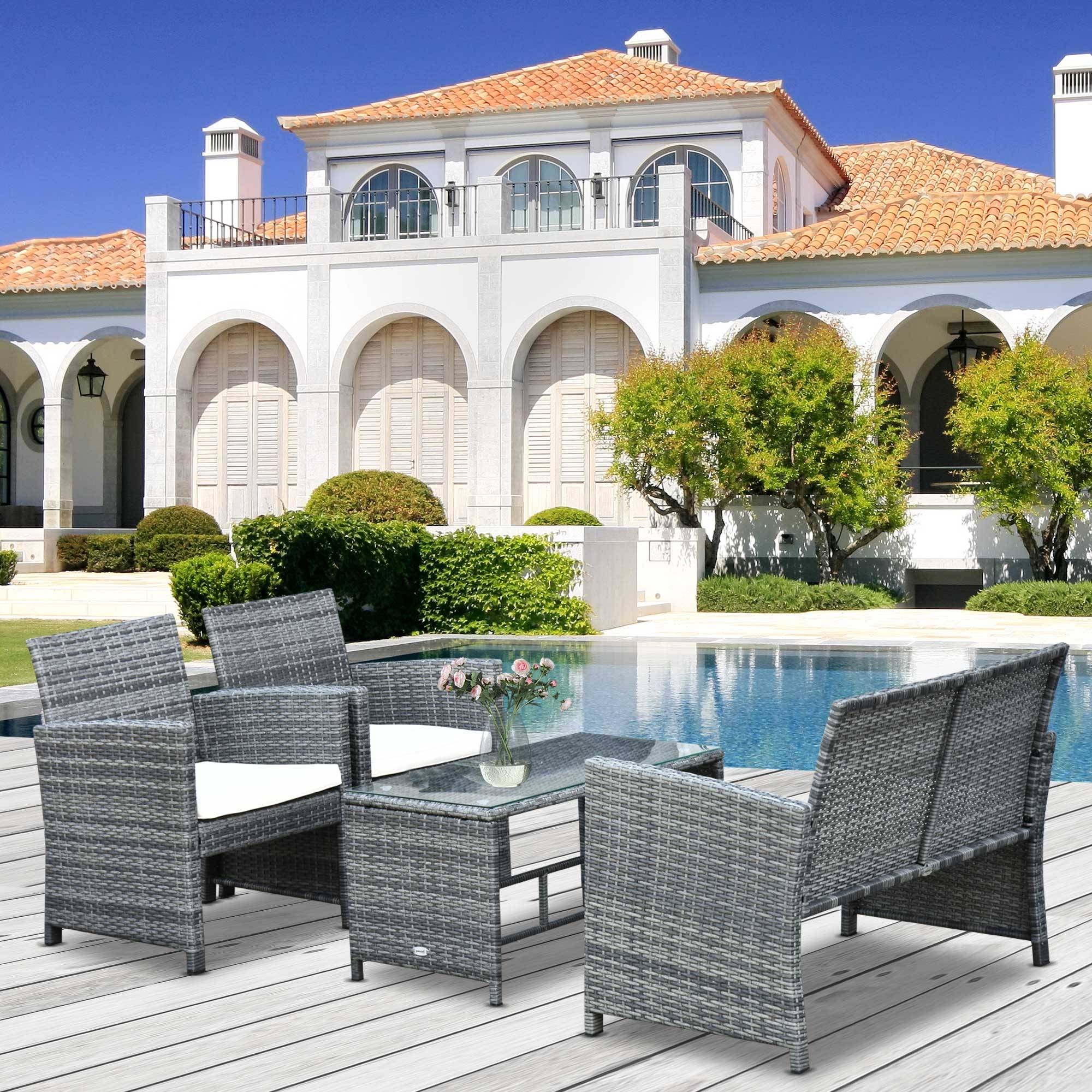 Outsunny - Ensemble salon de jardin 4 places canapé 2 fauteuils table basse plateau verre trempé résine tressée imitation rotin gris coussins crème - Outsunny - Imagen 2