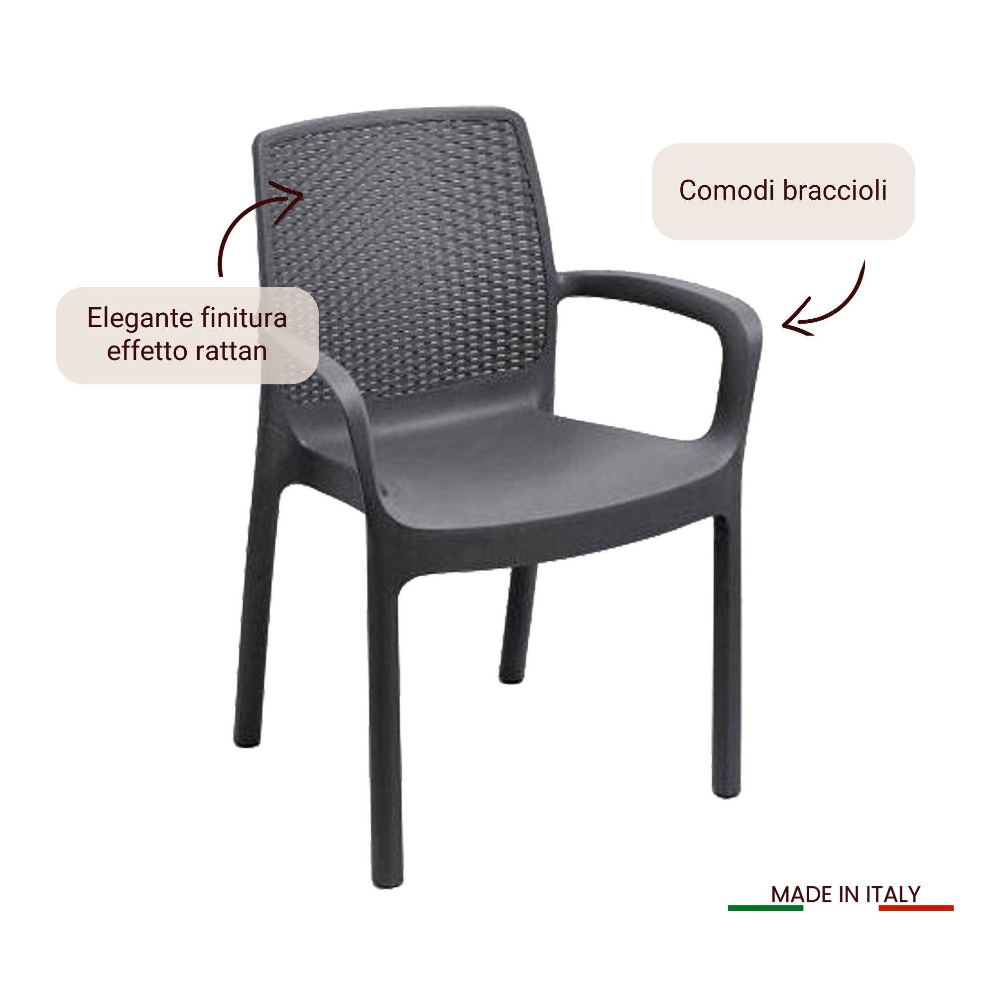 Dmora - Lot de 4 chaises d'extérieur Viterbo, Sièges de jardin, Chaise de table à manger, Fauteuil d'extérieur effet rotin, 54x60h82 cm, Anthracite - Dmora - Imagen 7