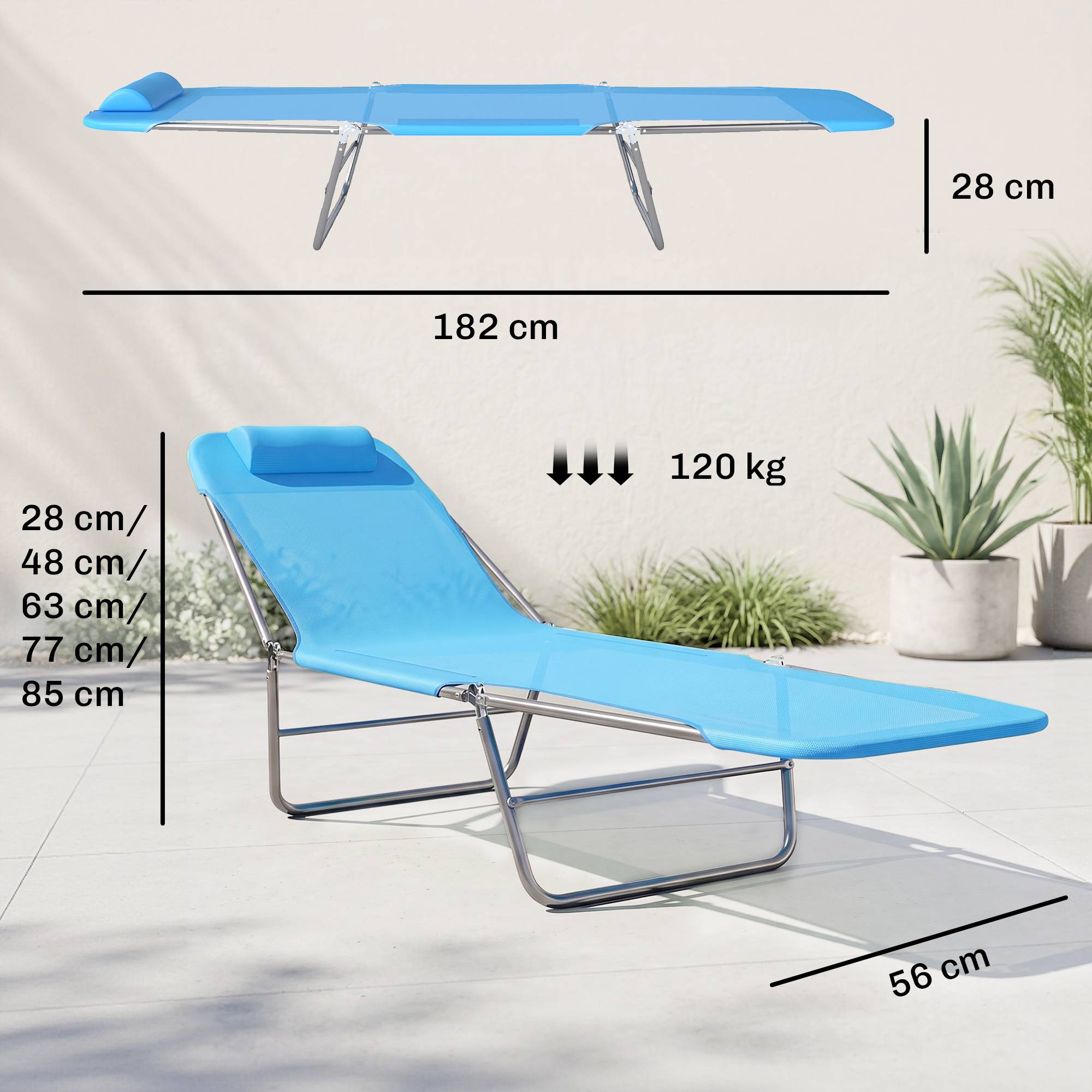Transat pliant avec dossier inclinable et coussin, 182 x 56 x 24,5 cm - Image 5